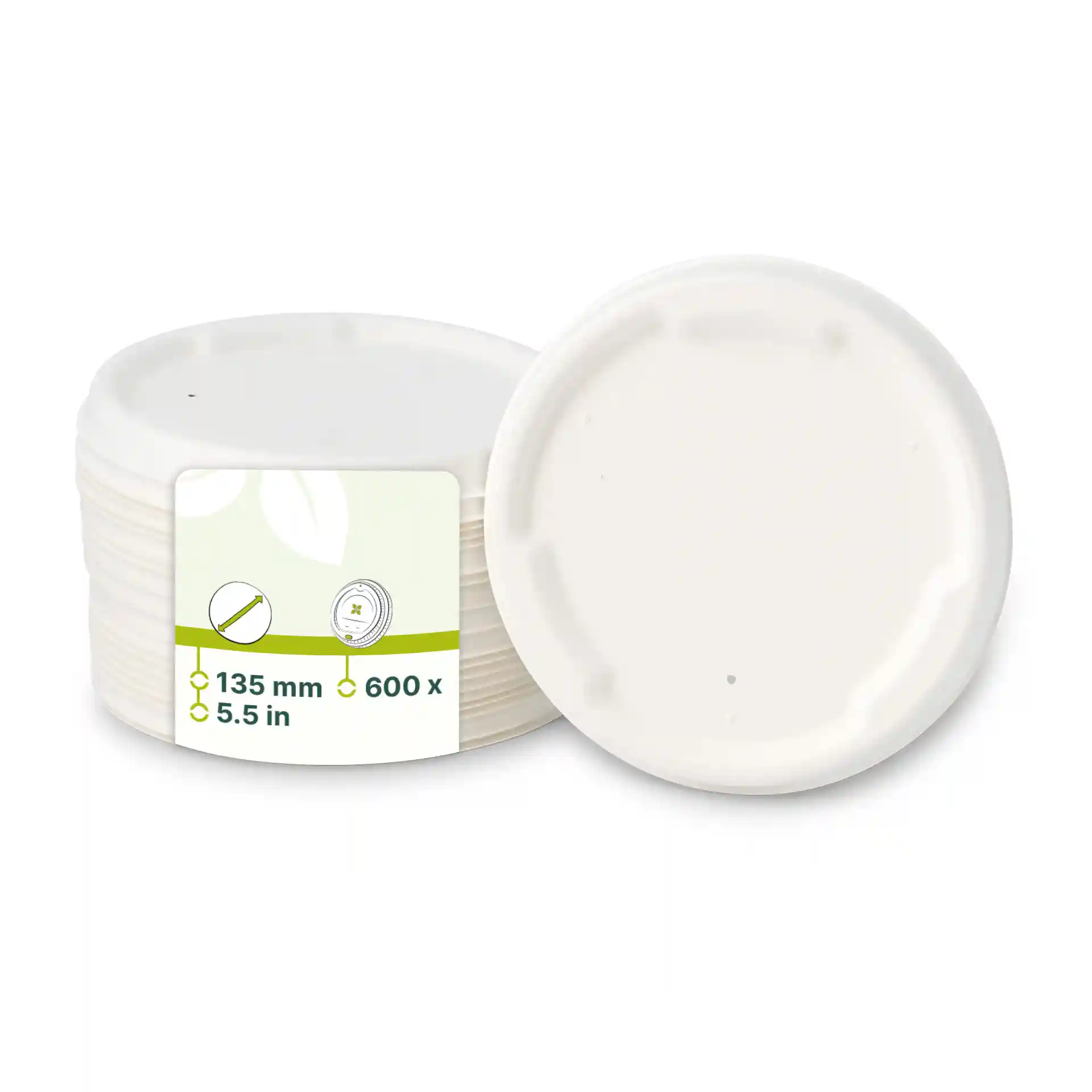 White round sugarcane lids with a diameter of 135 mm, stacked with a label showing dimensions.