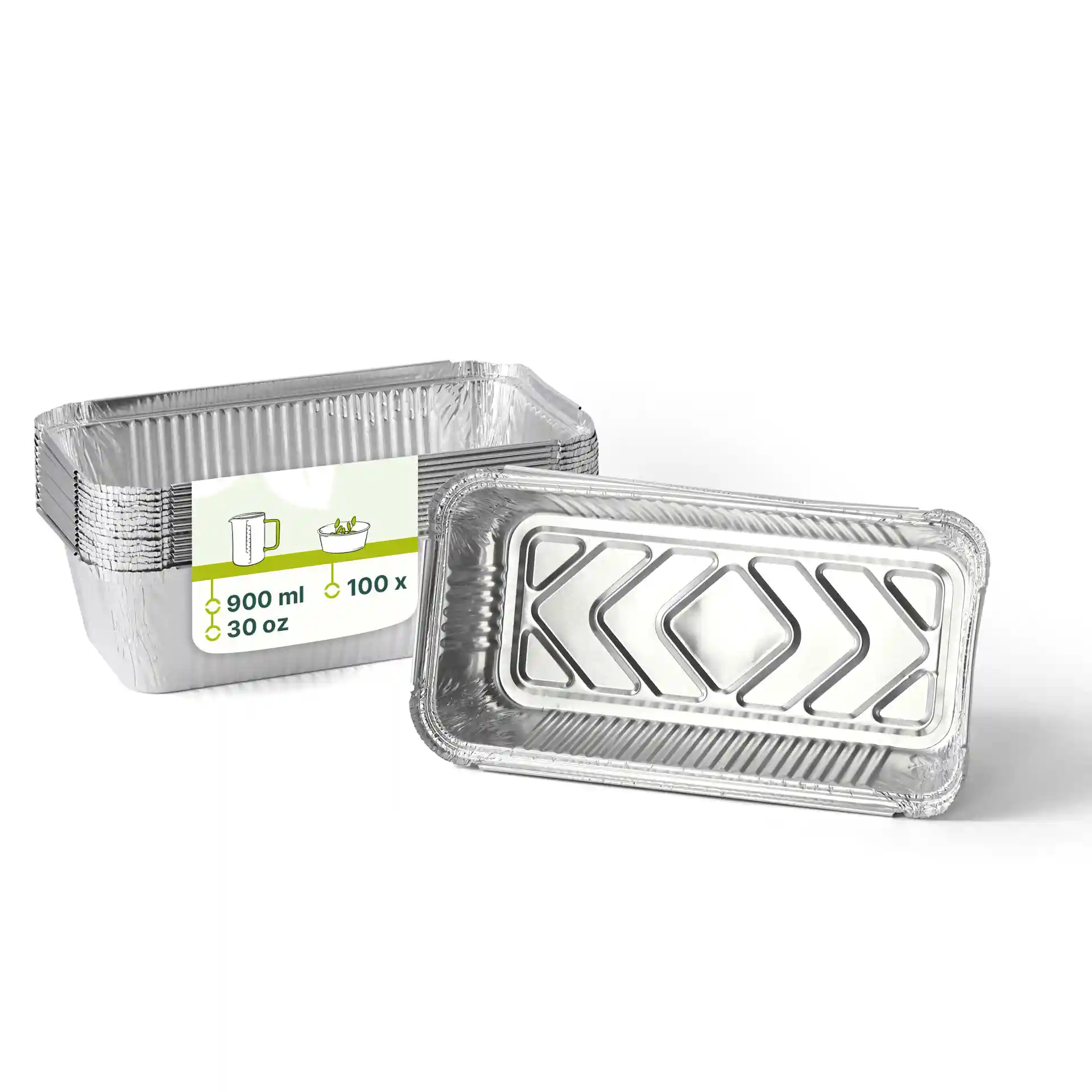 Rectangular aluminum container, 21.8 x 11.3 x 5.4 cm, with a capacity of 900 ml, shown with multiple stacked containers.