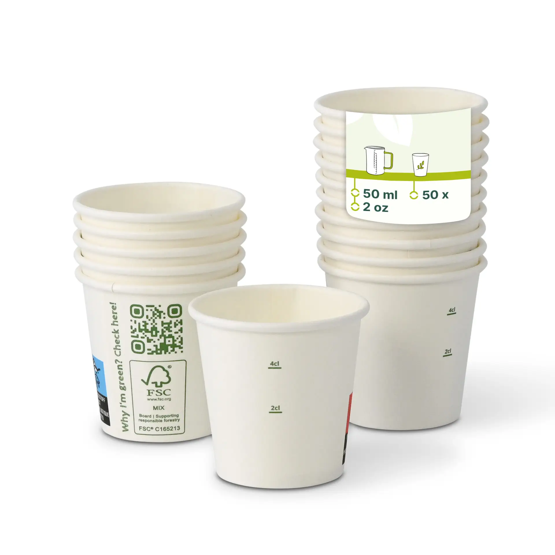 One white biodegradable paper cup, 50 ml size with PLA coating, alongside several stacked cups with various visible labels.