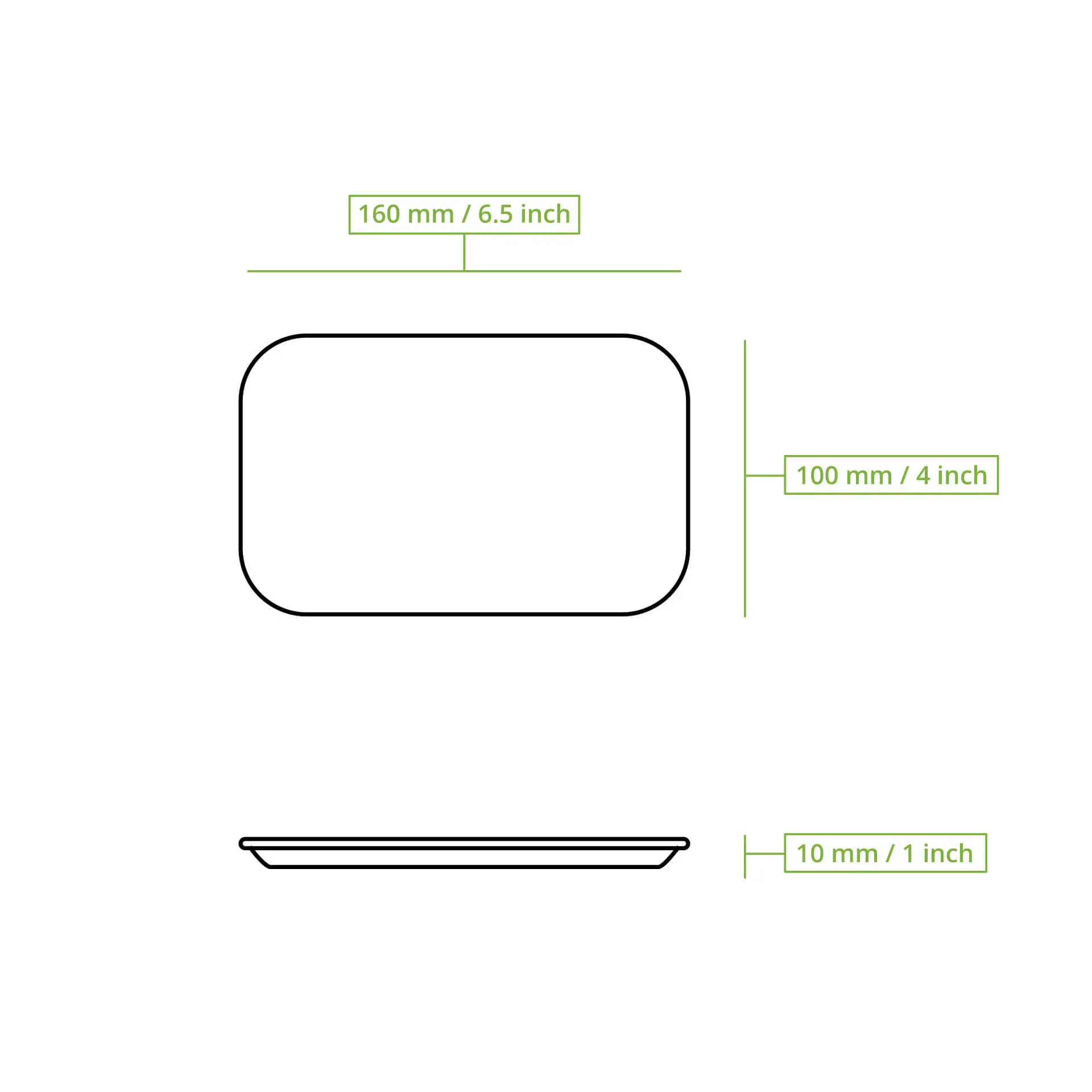 Schematic drawing of a rectangular paper plate with dimensions 160 mm by 100 mm and height of 10 mm.