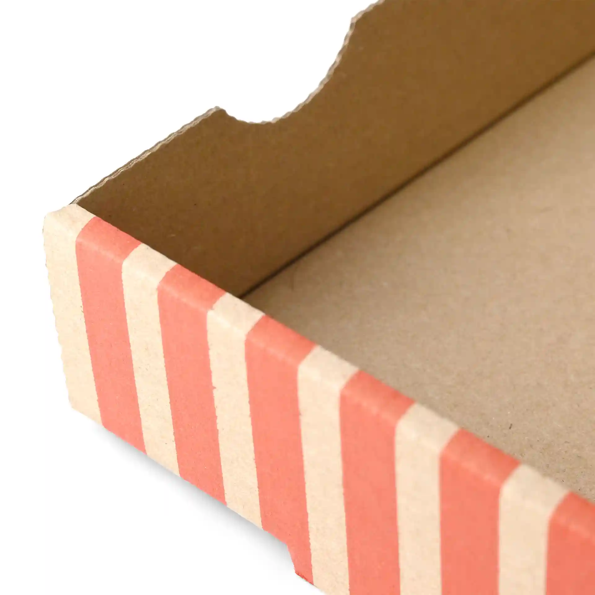 Brown pizza box with a pizza chef design, measuring 32 x 32 x 4 cm, showing a striped exterior.