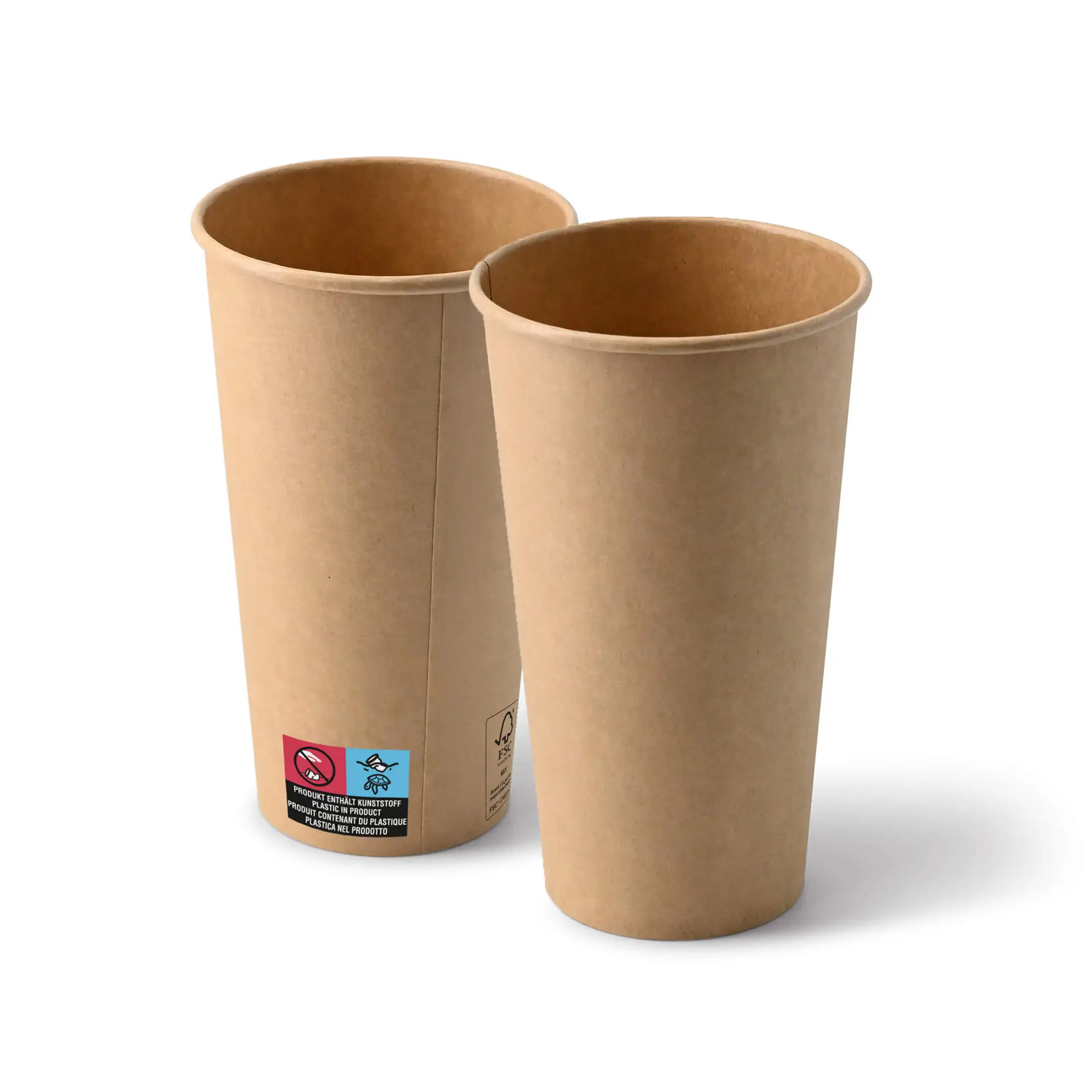 Two brown paper cups, 20 oz size, shown upright with a PE-coated exterior; ideal for serving beverages like coffee and tea.