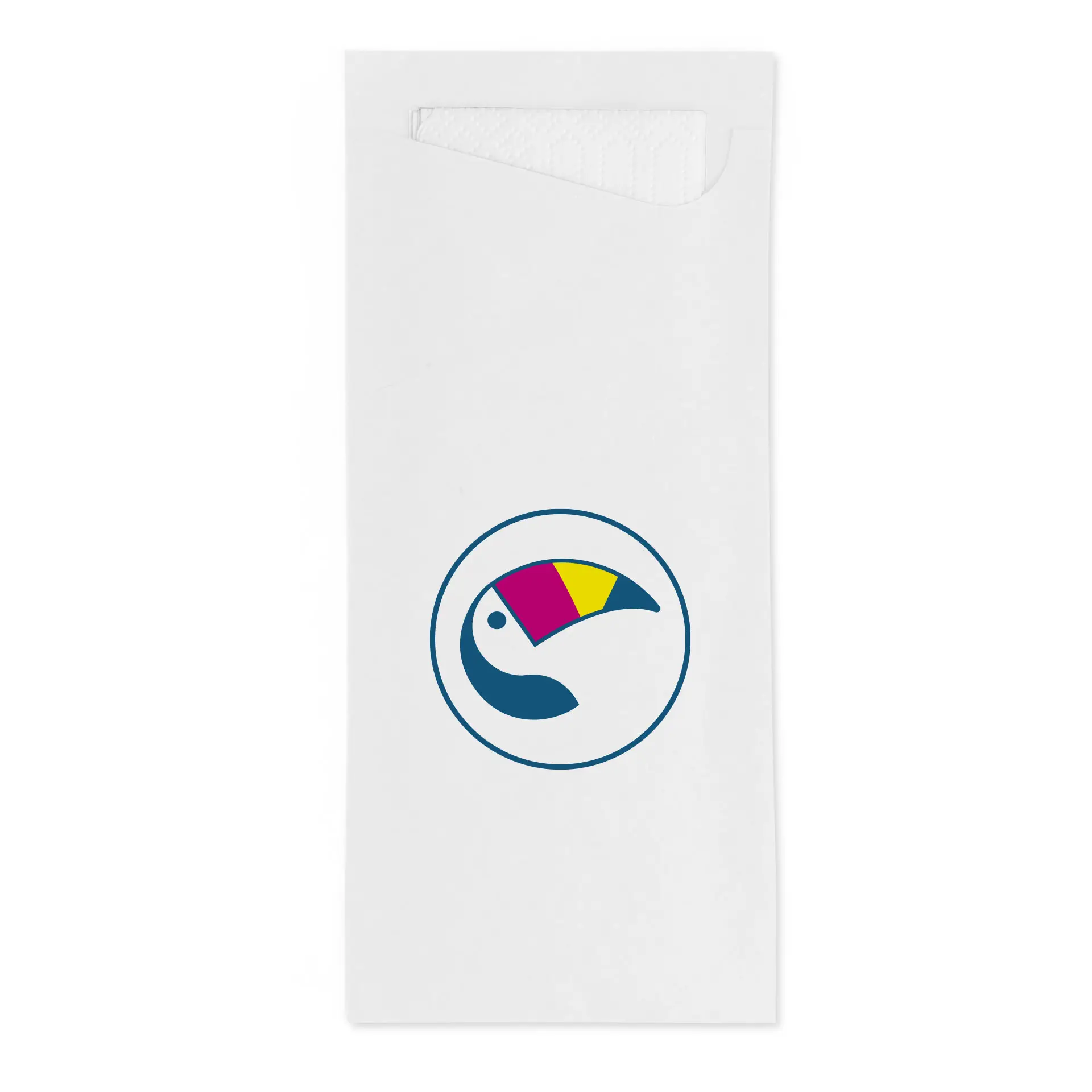 White cutlery sleeve with an integrated napkin featuring a colorful toucan logo design.