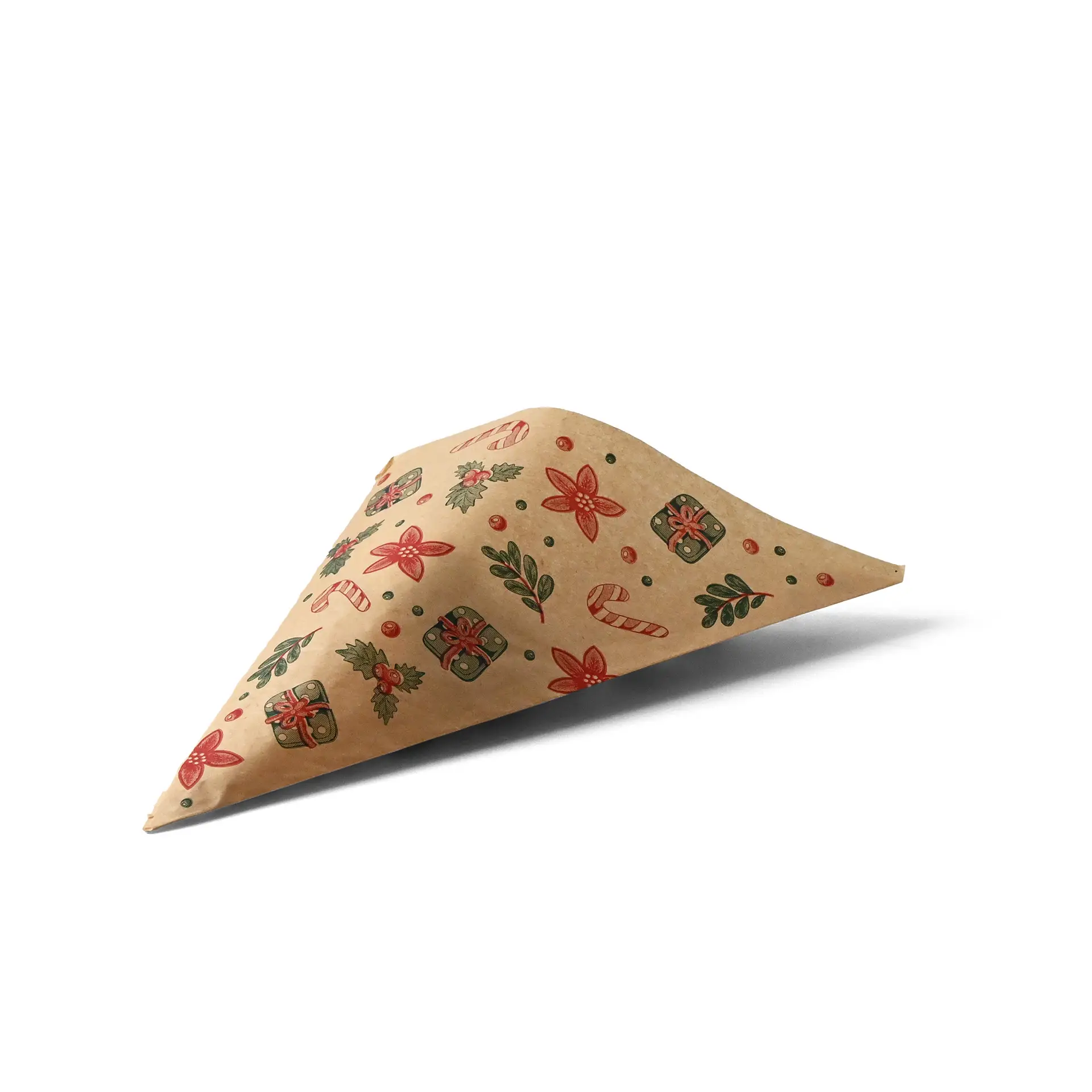 Brown paper cone with winter-themed designs including flowers, gifts, and candy canes.