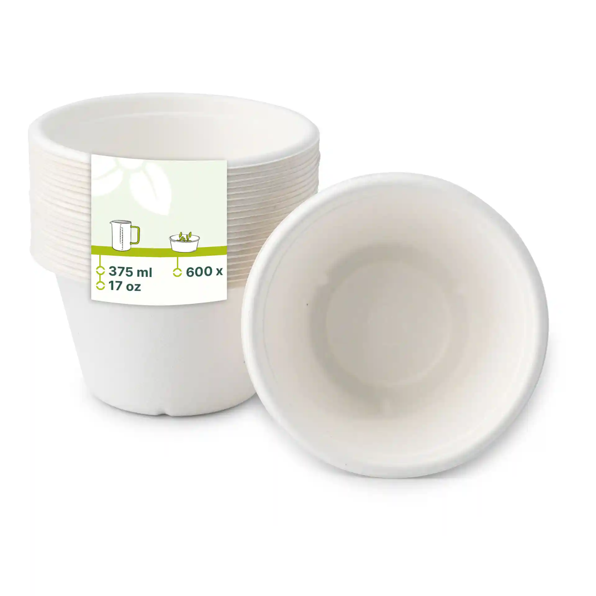 White sugarcane soup cups stacked, showing the interior of one cup and a label with volume details.