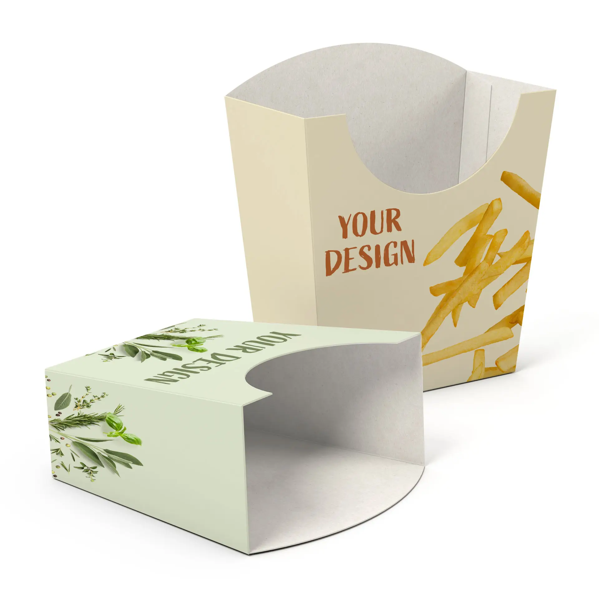 Two customizable French fry scoops in cream and green, featuring space for designs. One scoop shows fries; the other has leaf decorations.