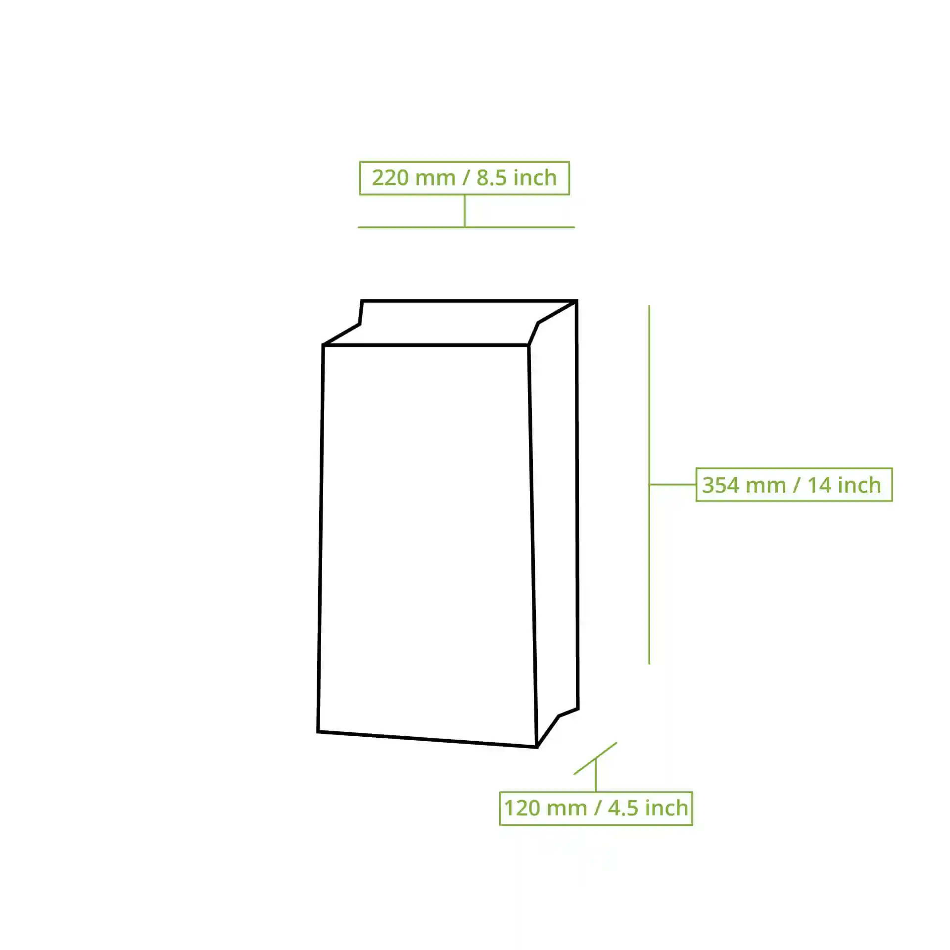 Schematic drawing of a rectangular shopping bag with dimensions labeled: 220 mm width, 354 mm height, and 120 mm depth.