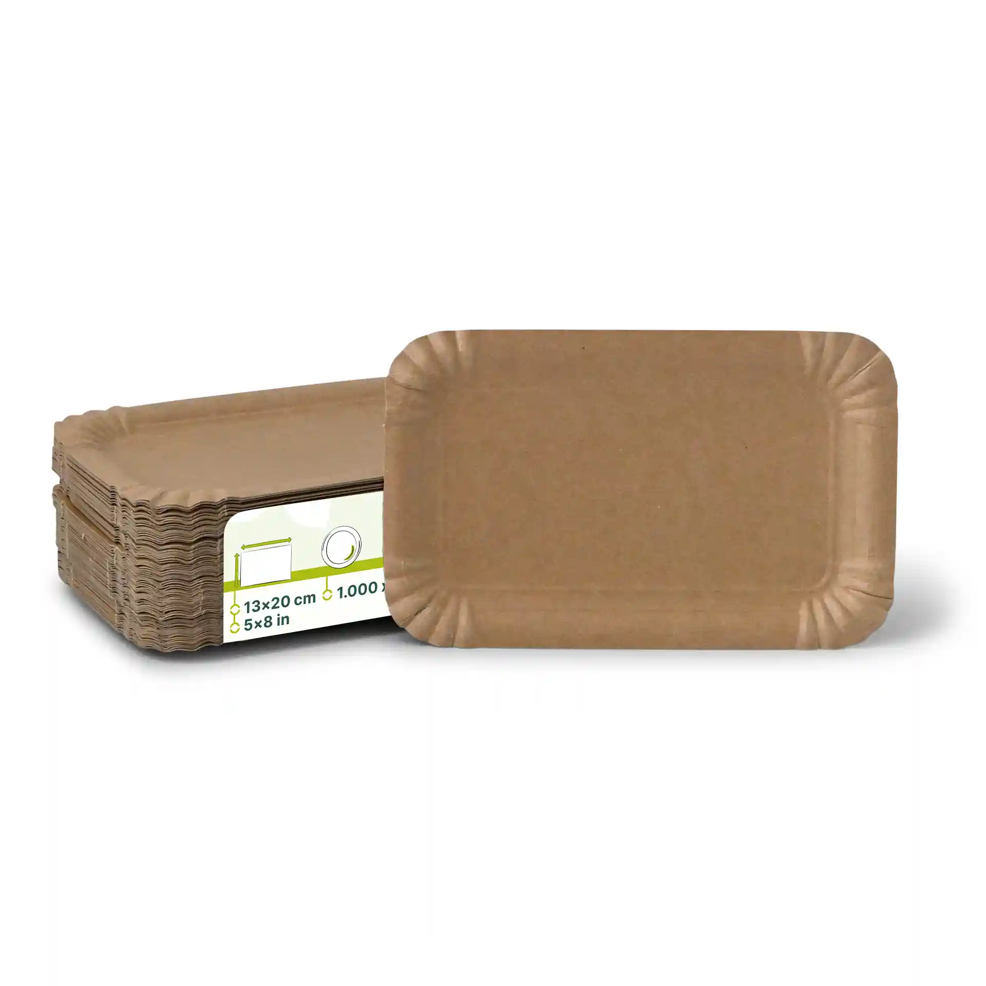 Rectangular brown cardboard paper plates, measuring 13 x 20 cm, stacked with one plate in front.
