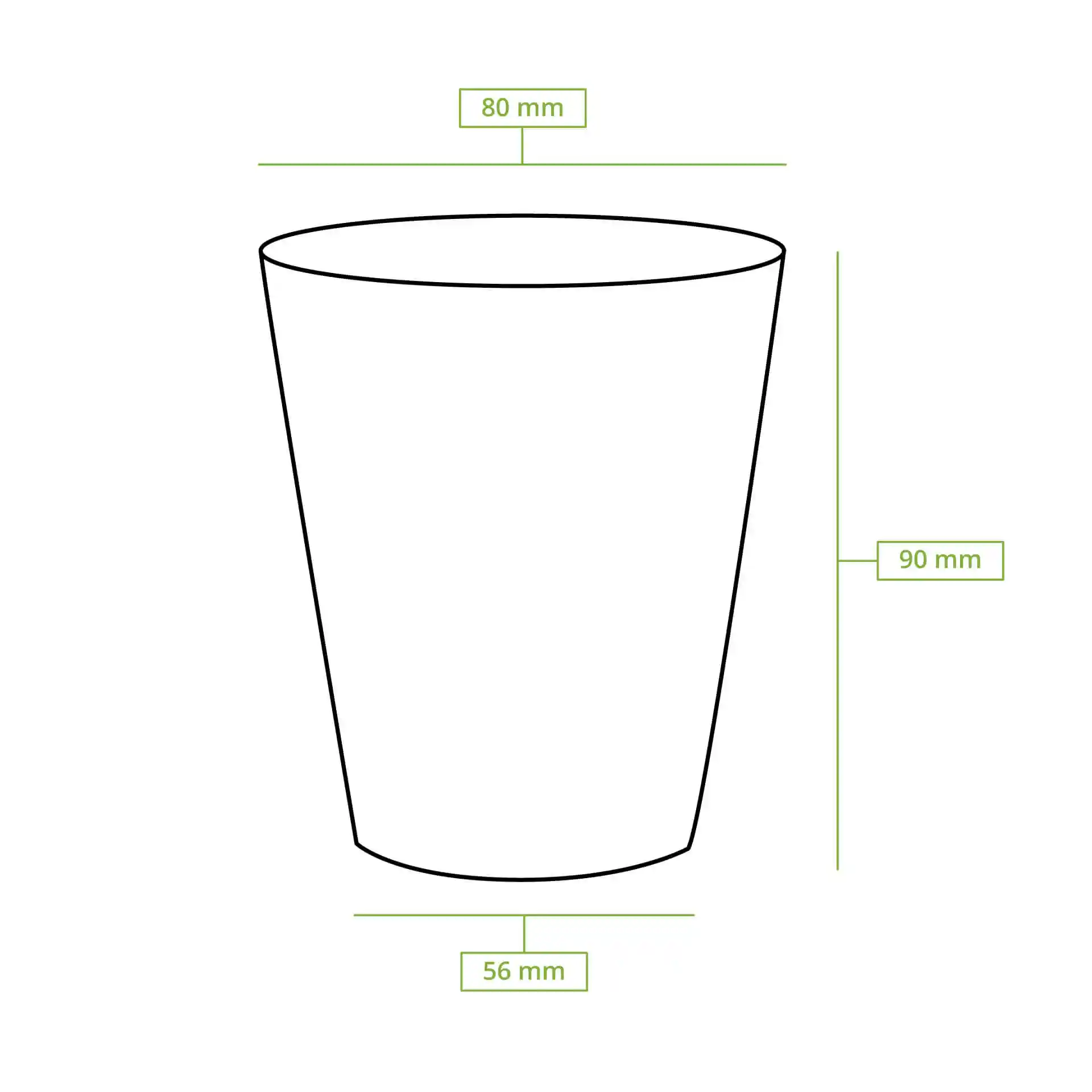 Schematic drawing of a round paper cup with dimensions: height 90 mm, top diameter 80 mm, bottom diameter 56 mm.
