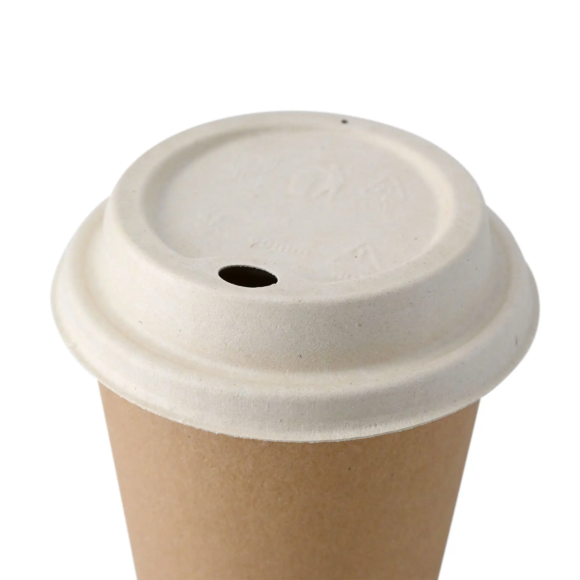 Brown sugarcane lid for paper cups with a drinking hole, designed for hot and cold beverages.