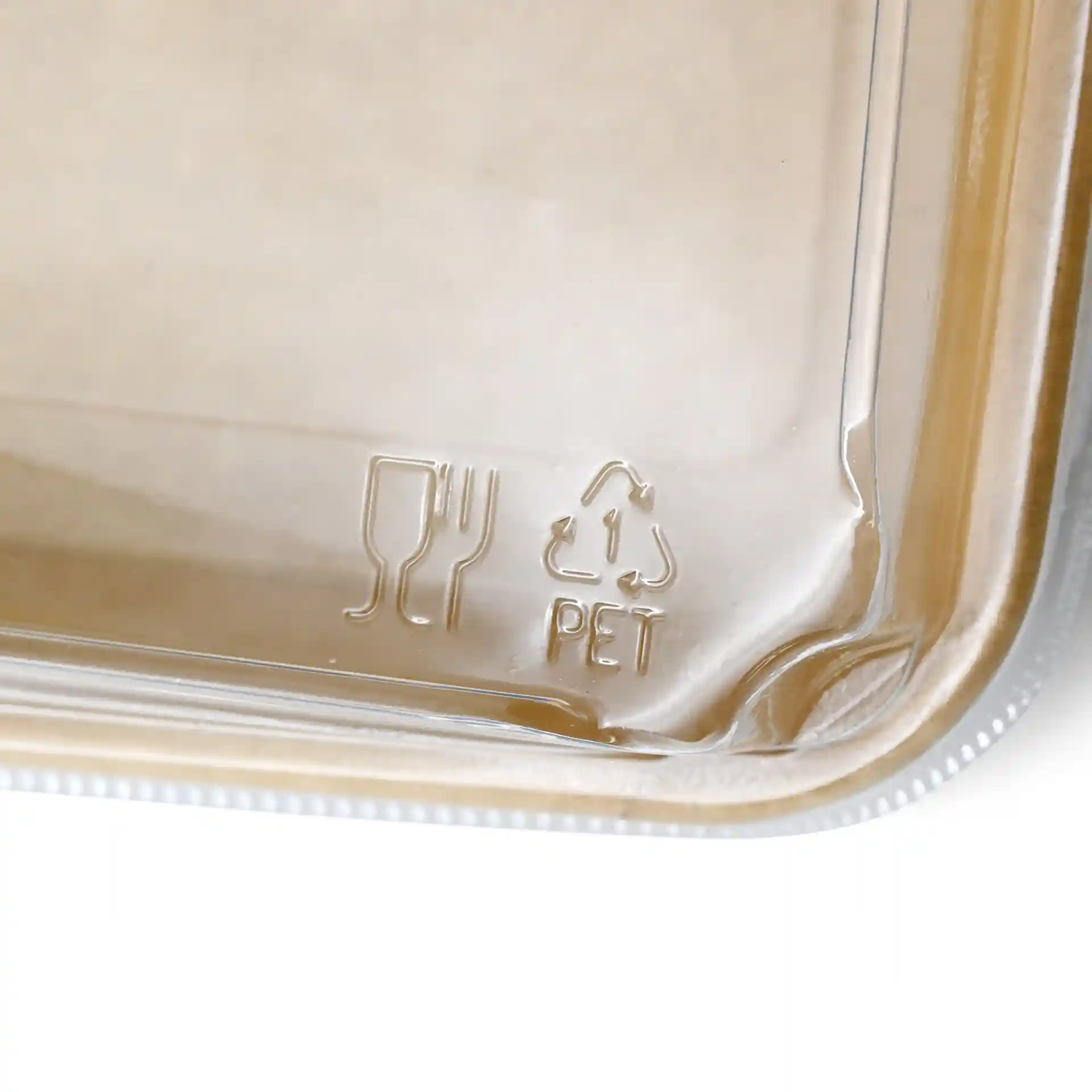Transparent PET lid for sushi boxes, featuring a fork and glass symbol, with recycling symbol and text indicating PET material.