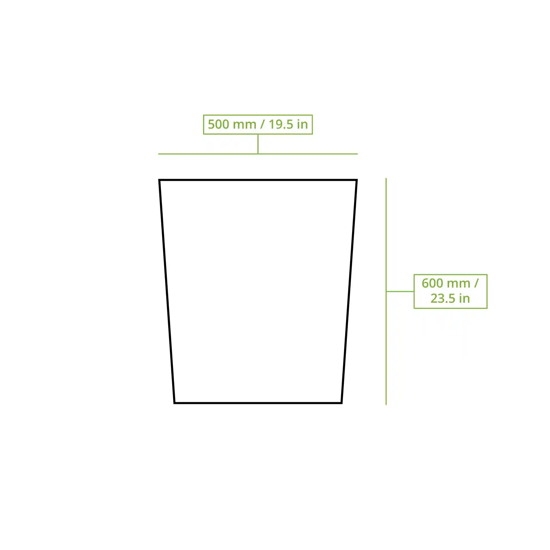 Schematic drawing of a bin bag with dimensions of 500 mm by 600 mm.