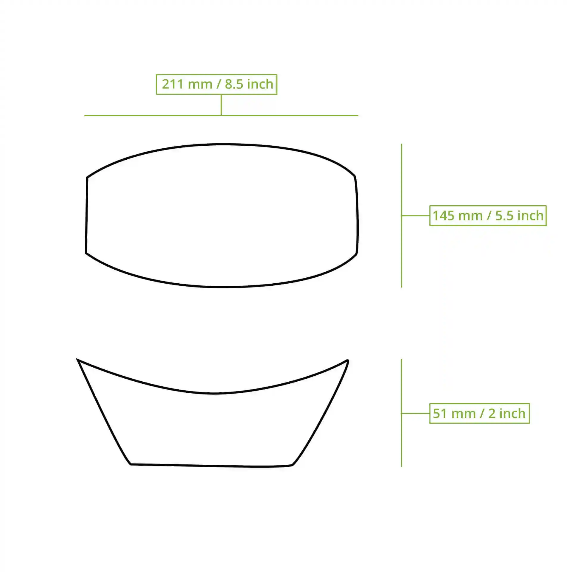 Schematic drawing of a rectangular food tray with dimensions 211 mm by 145 mm and height 51 mm.
