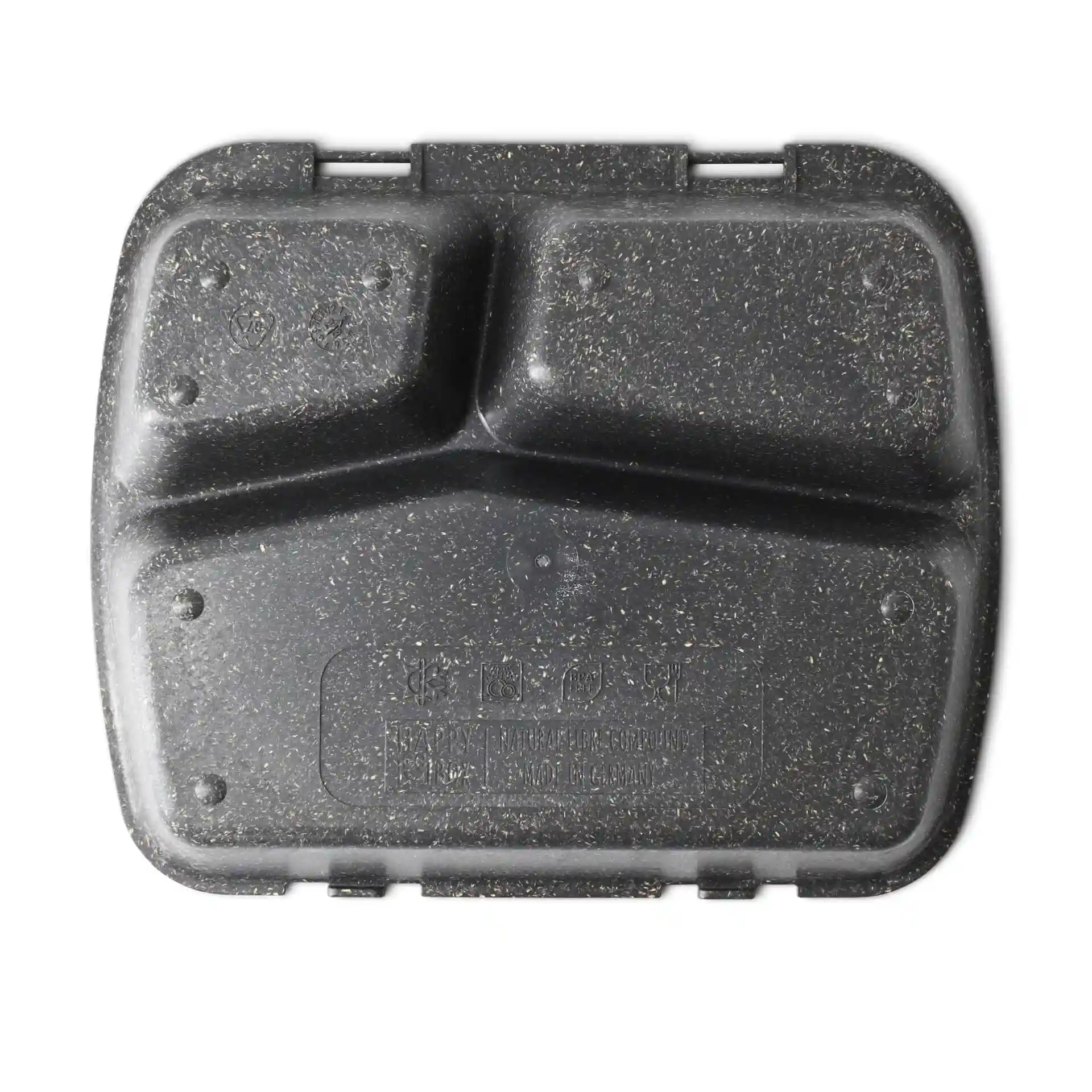Reusable meal container with three compartments, grey color, measuring 24.5 x 20 x 4.5 cm.