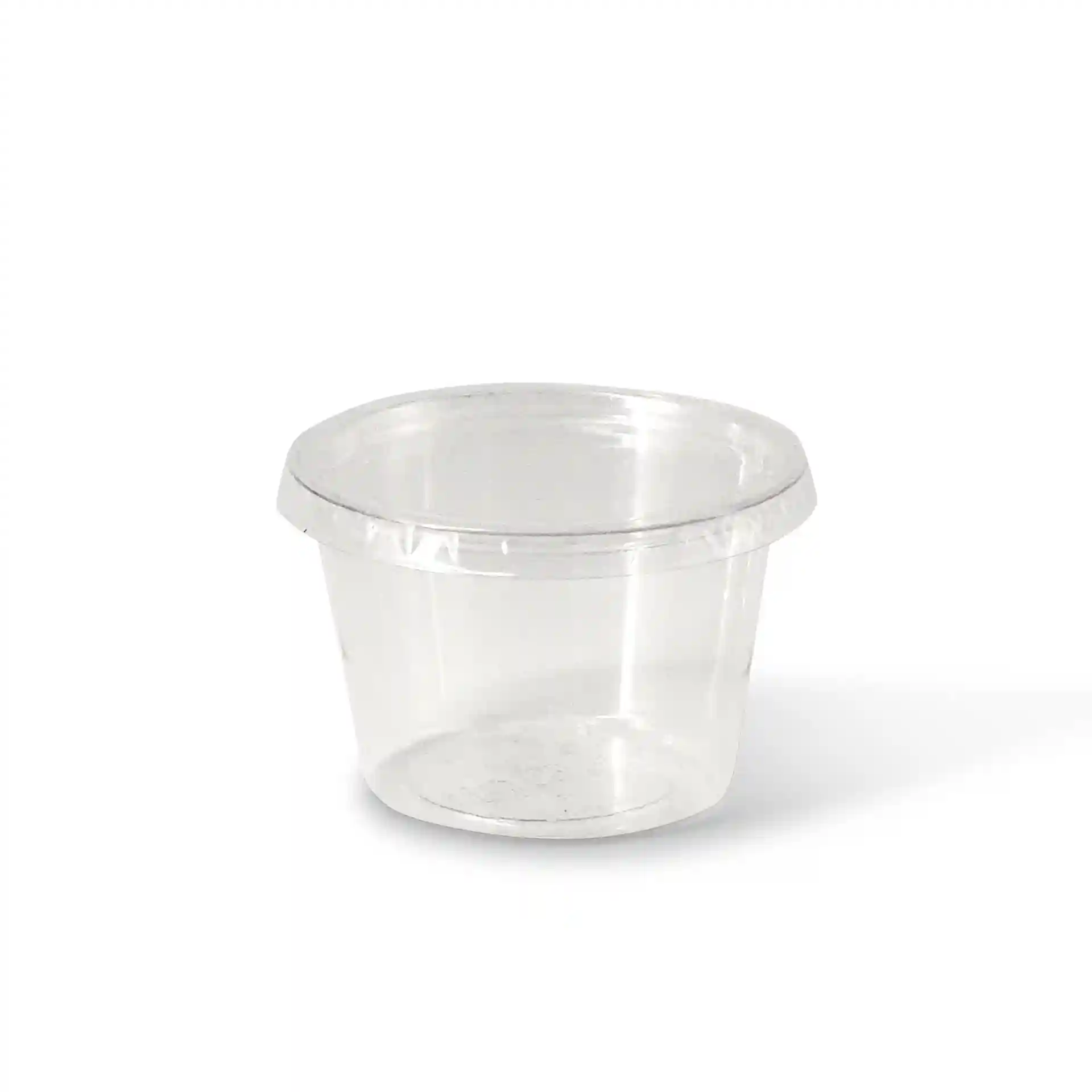 Clear round portion cup with a diameter of 70 mm and a height of 47 mm, made from PLA material.