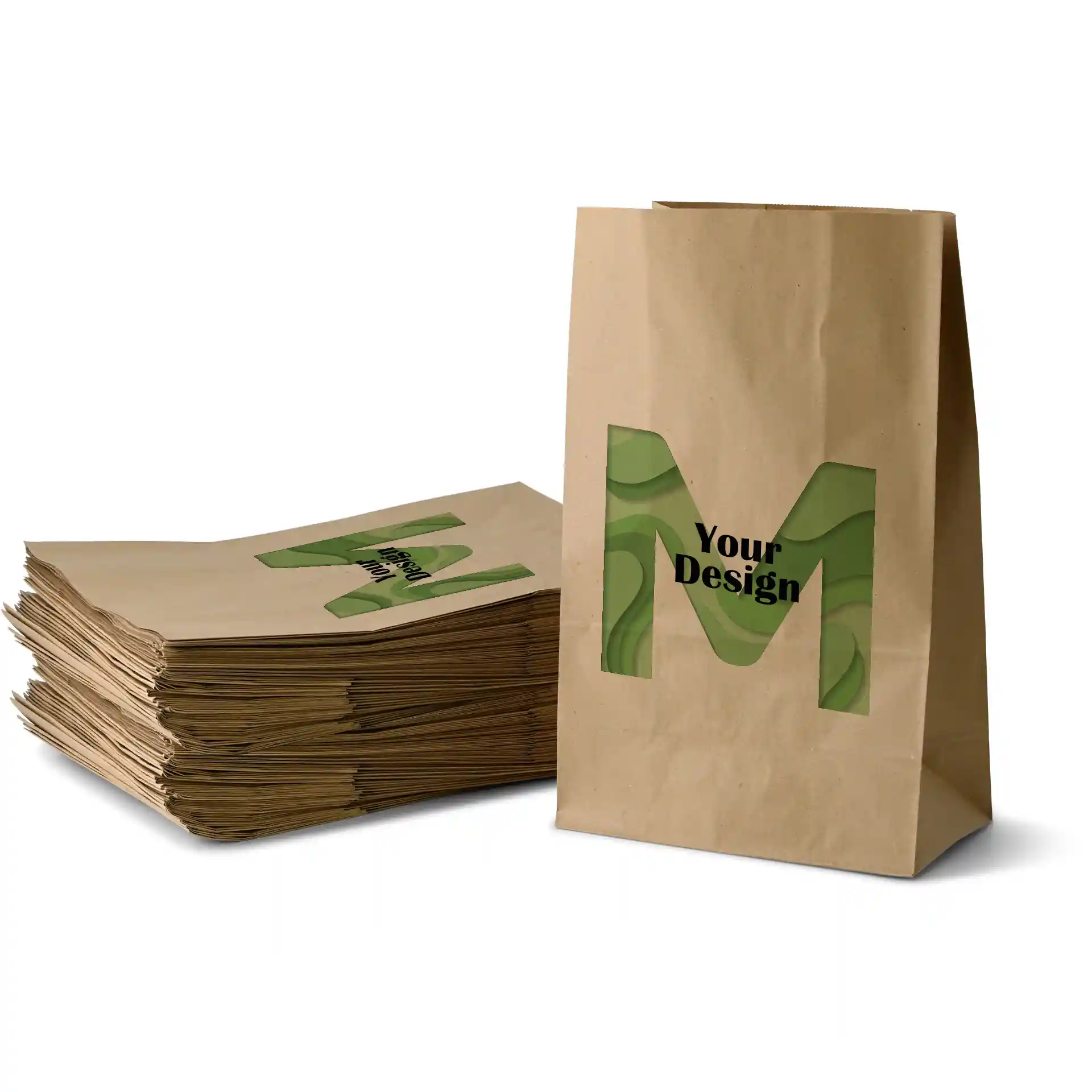 Brown printed paper bag with a design featuring the letter 'M' and the phrase 'Your Design', stacked with similar bags.