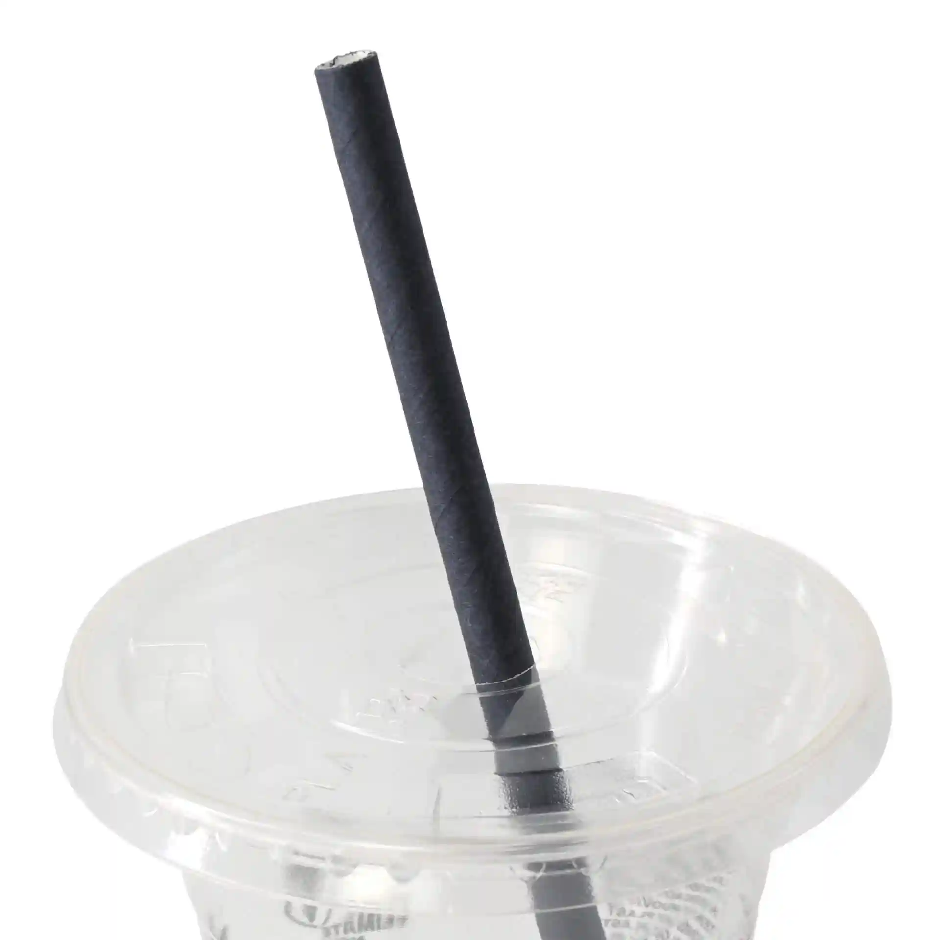 Black paper cocktail straw, 15 cm long and 0.7 cm in diameter, placed in a clear cup lid.