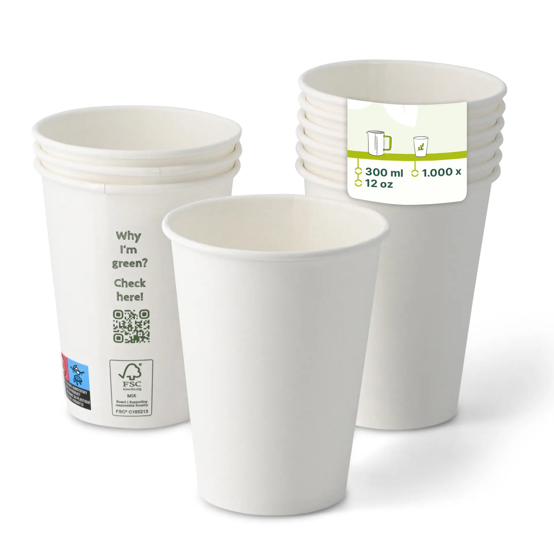 One white PLA-coated paper cup, 300 ml size; several similar cups stacked behind; eco-friendly design with QR code.