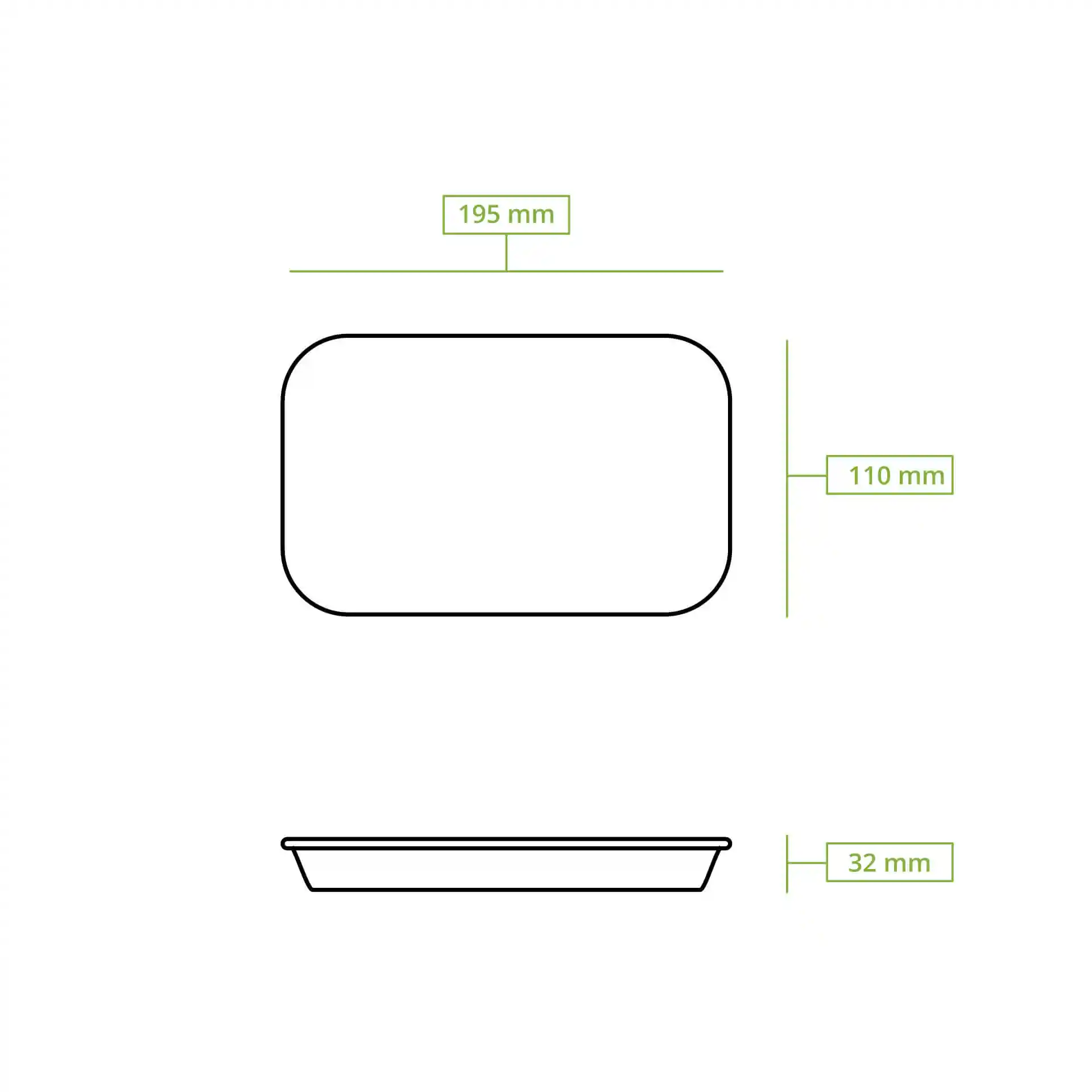 Schematic drawing of an oval paper food tray with dimensions 195 mm by 110 mm and height 32 mm.
