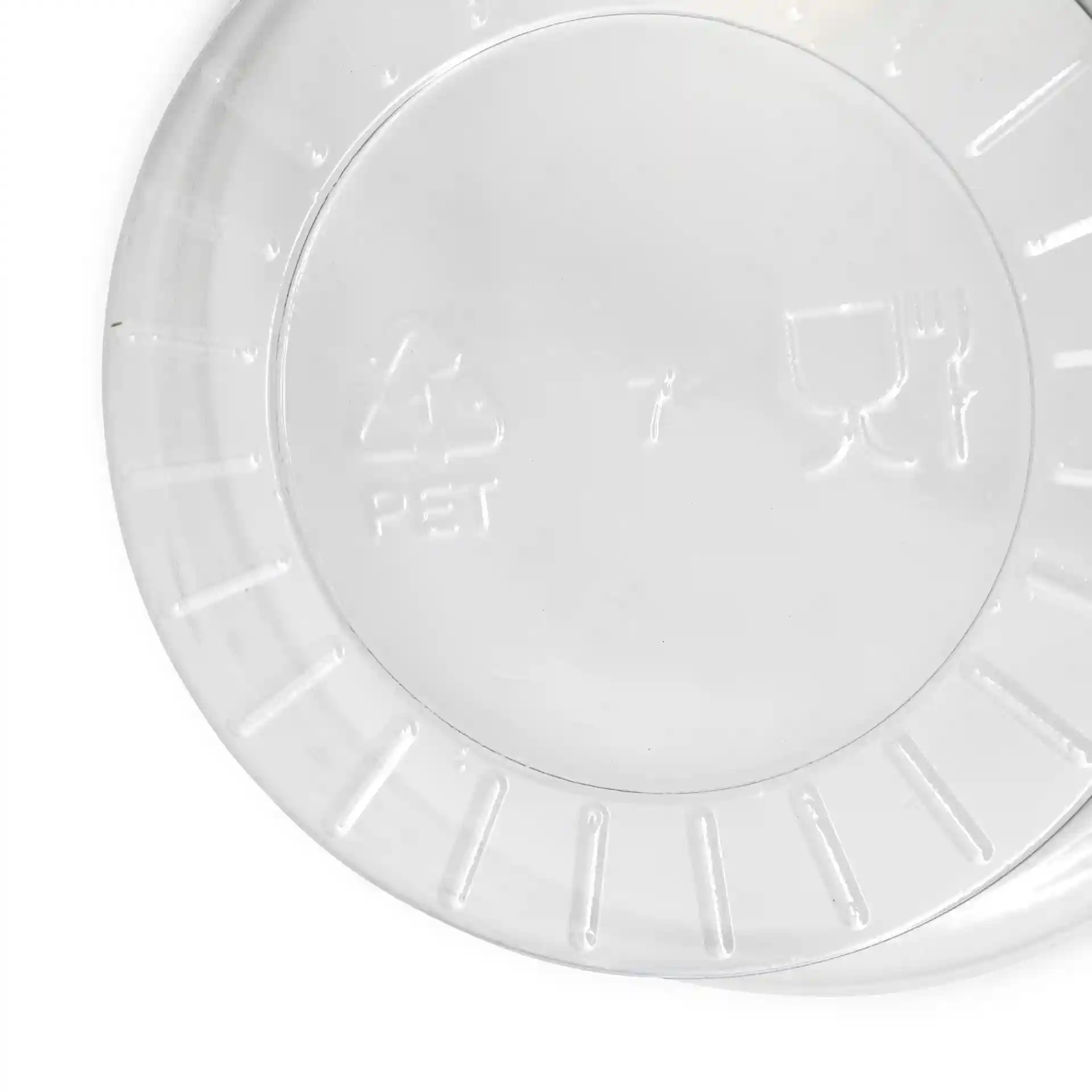 Clear round rPET dip pot with a diameter of 75 mm and height of 26 mm, featuring embossed recycling symbols.