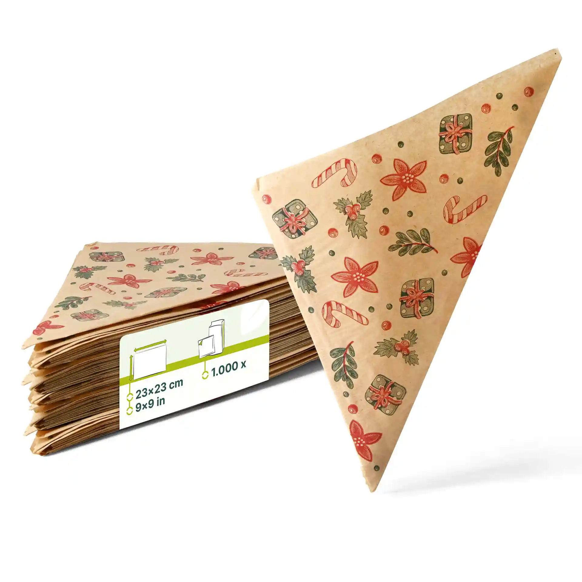 Brown greaseproof bag with winter design, measuring 23 x 23 cm, stacked with several similar bags behind.
