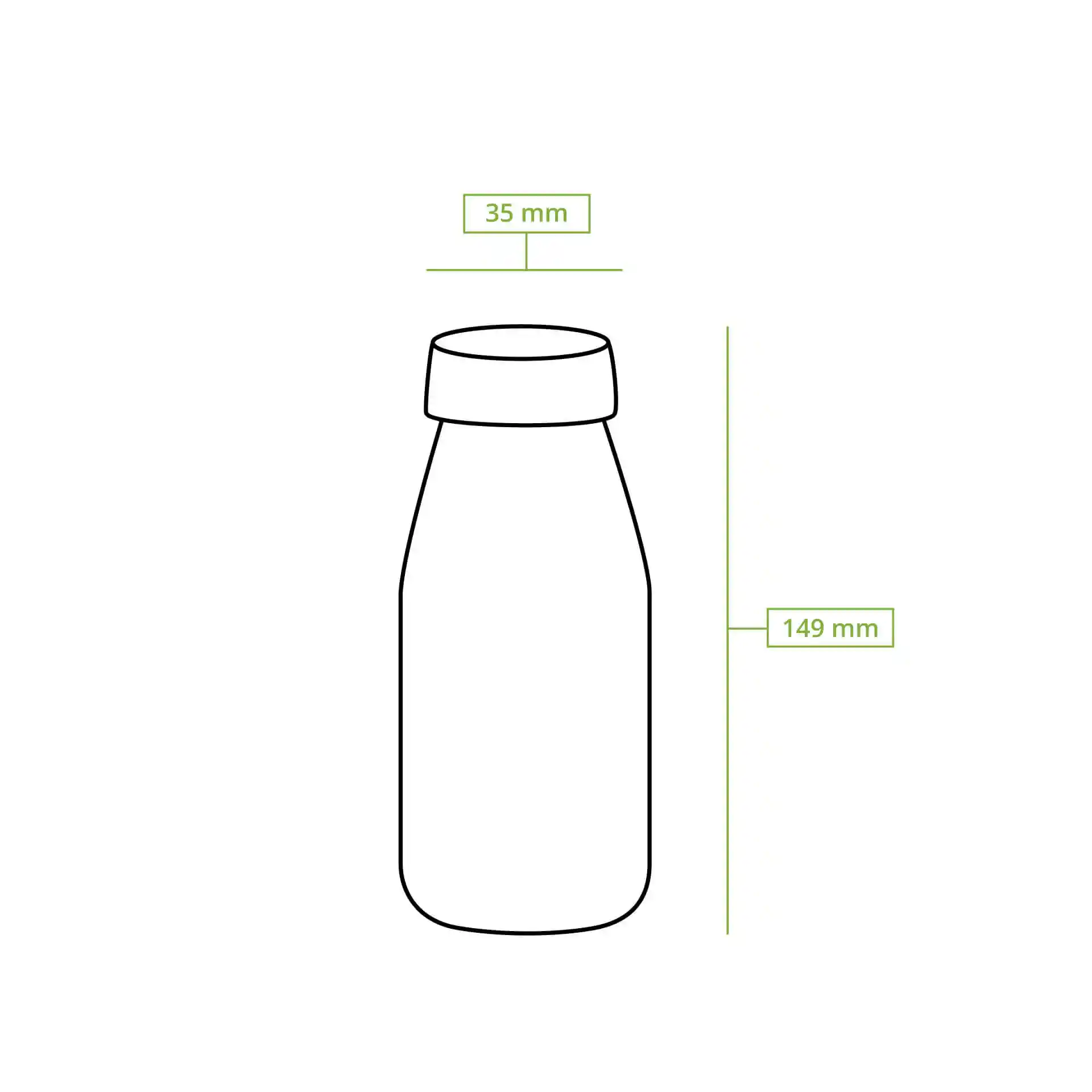 Schematic drawing of a clear rPET bottle with a black lid, showing dimensions of 35 mm and 149 mm.