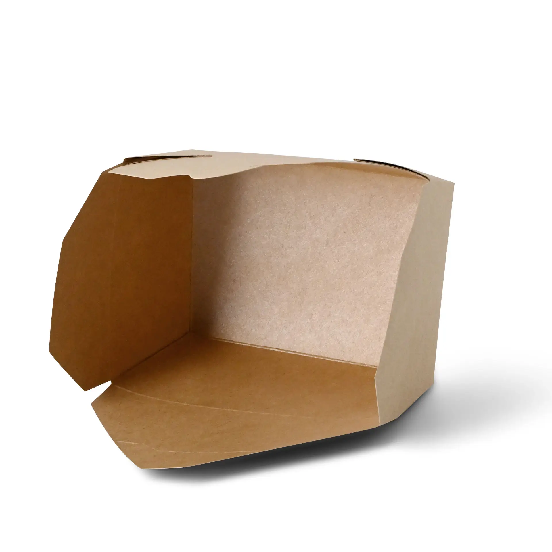 Brown cardboard take-away box with a foldable lid, suitable for various foods; shown in an open position.