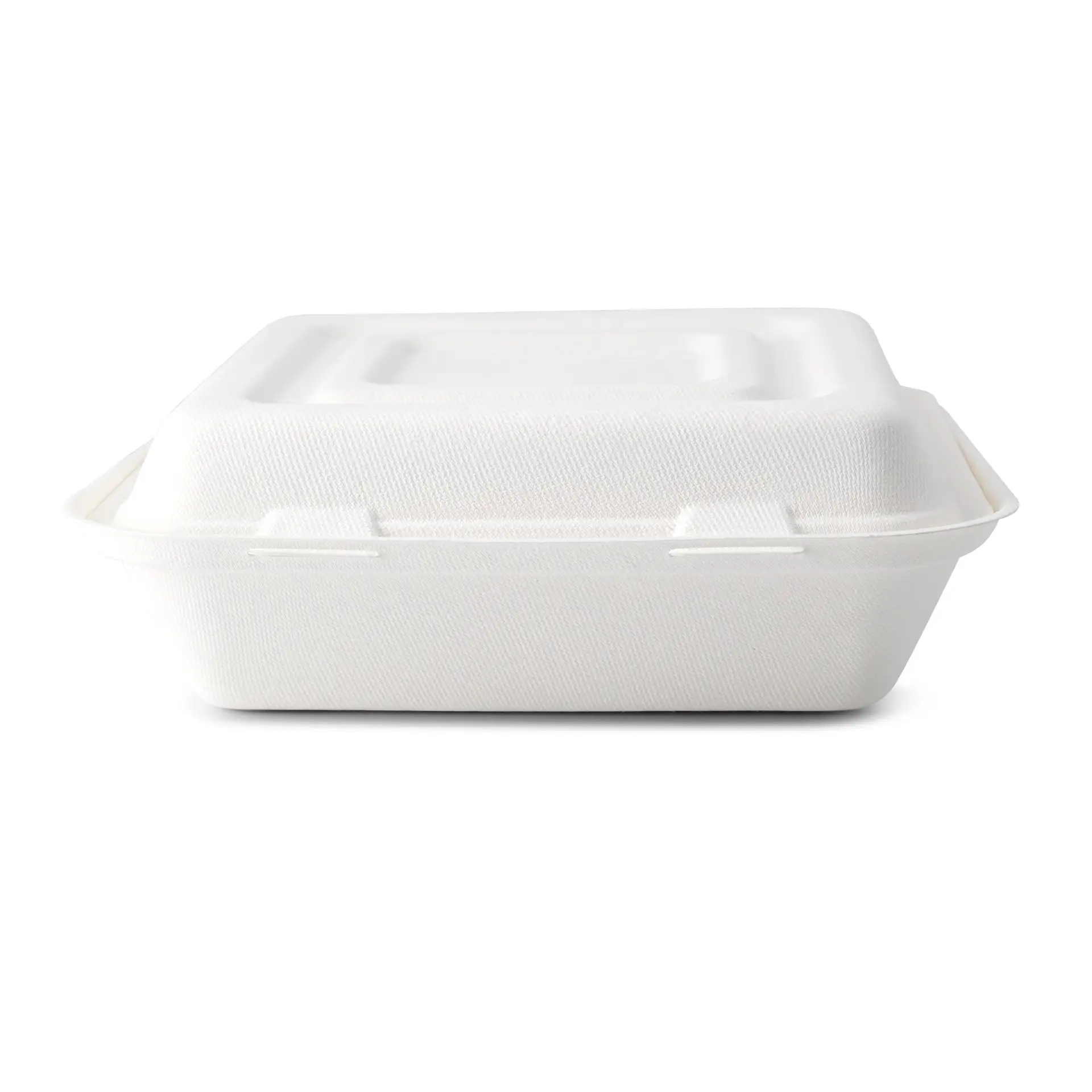 Meal container made from sugarcane, 23.5 x 23.5 x 8 cm, 3 compartments, hinged lid, rectangular