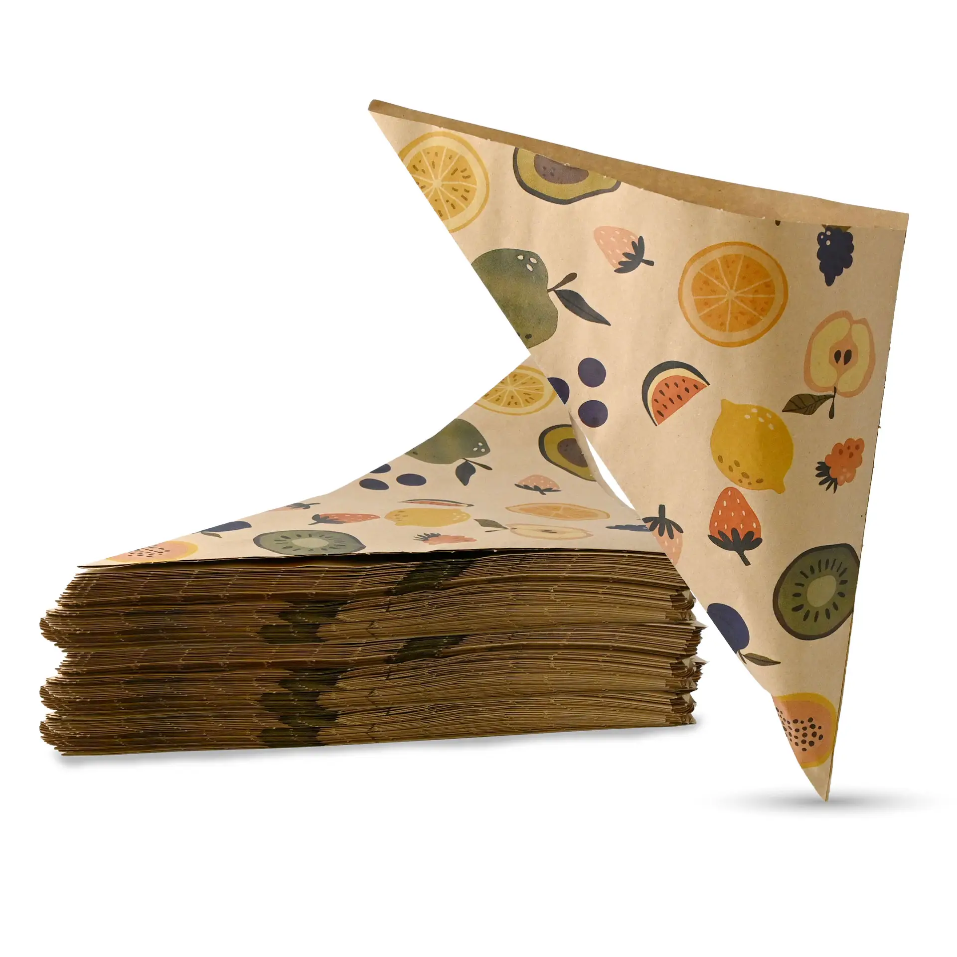 Brown paper cones with a fruit pattern stacked, ideal for branding at fruit and vegetable stands.