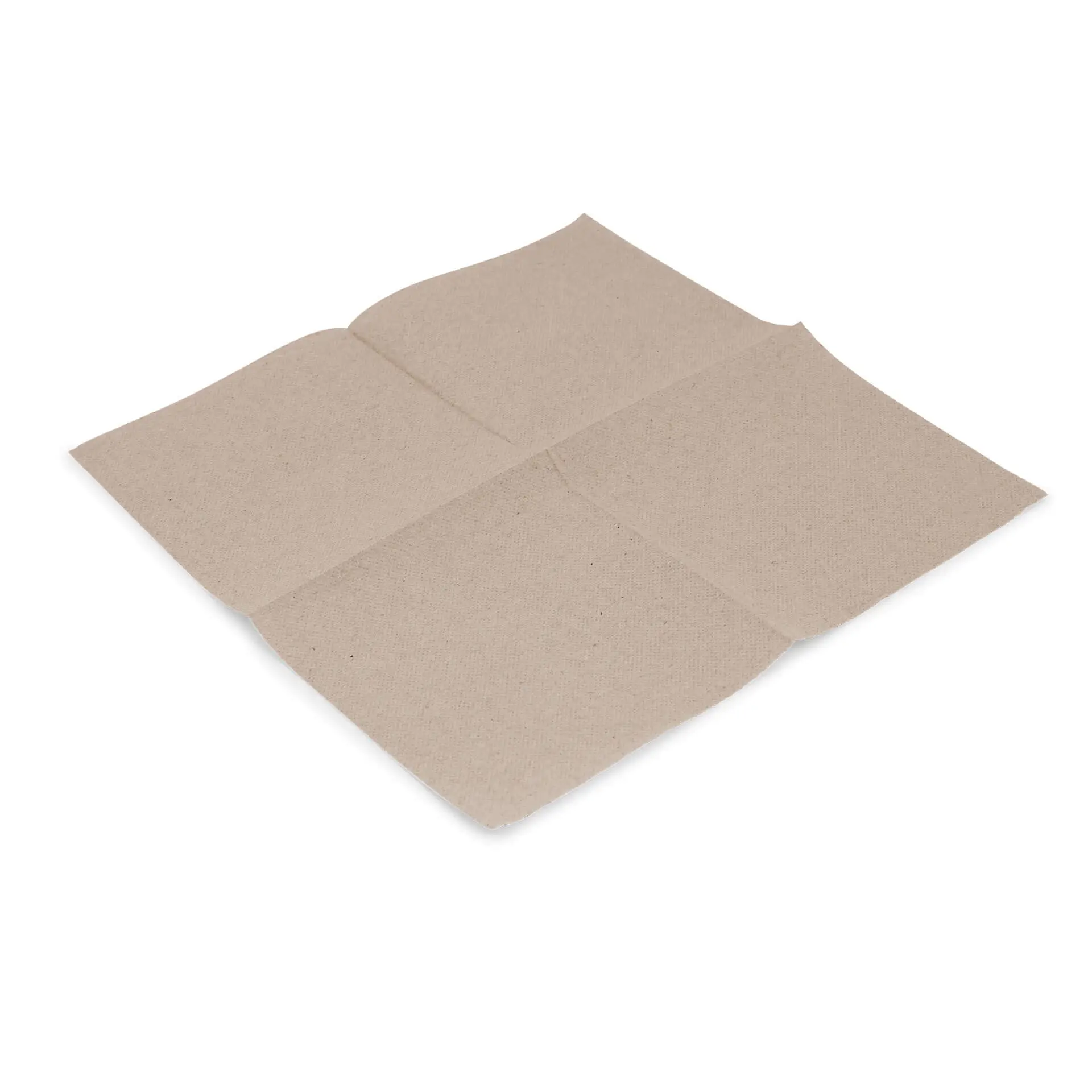 Square, unbleached, 2-ply recycled paper napkin, 25 x 25 cm, folded into quarters.