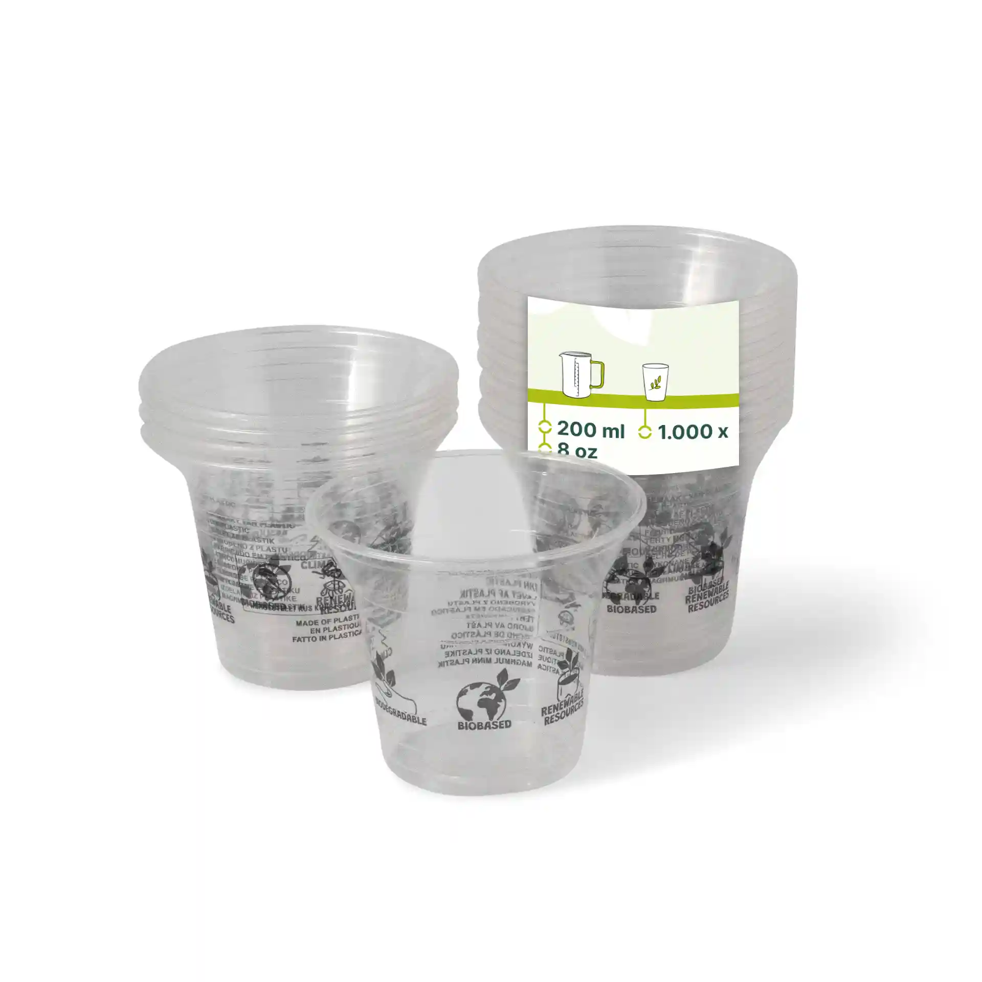 Transparent PLA smoothie cups stacked with one cup in front, showing a label with volume and dimensions.