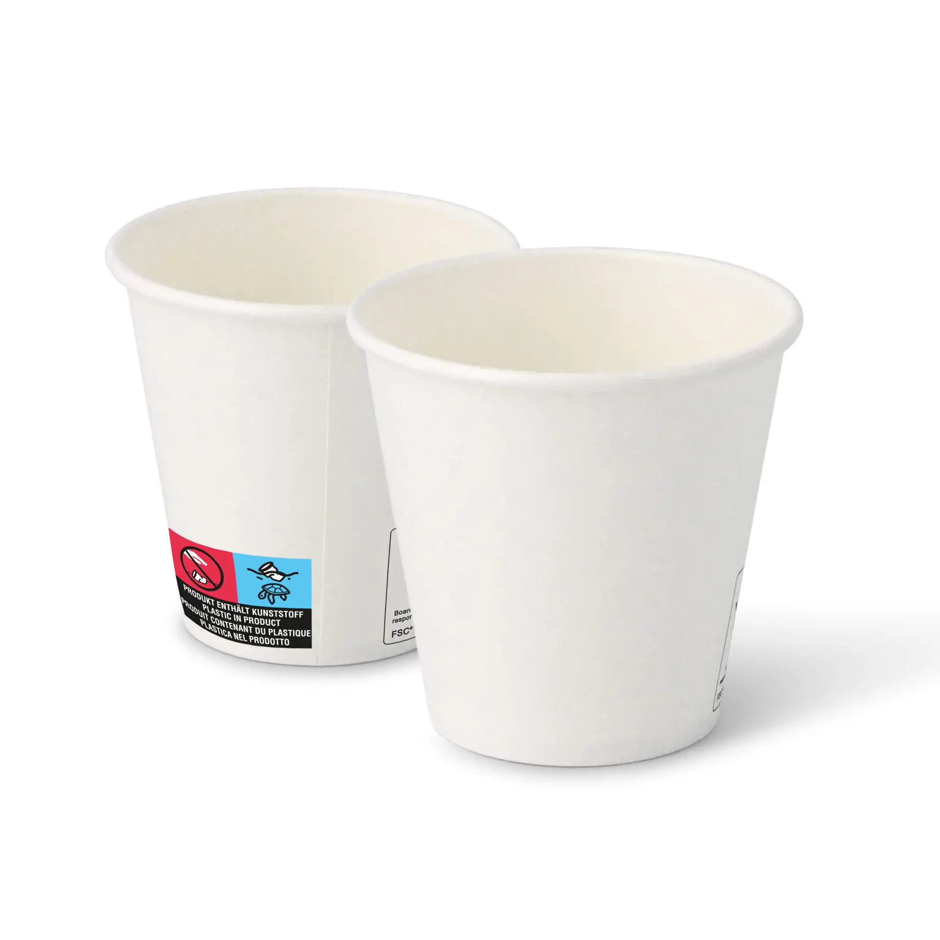 Two white paper cups with a round shape, showing interior and exterior views, on a plain background.