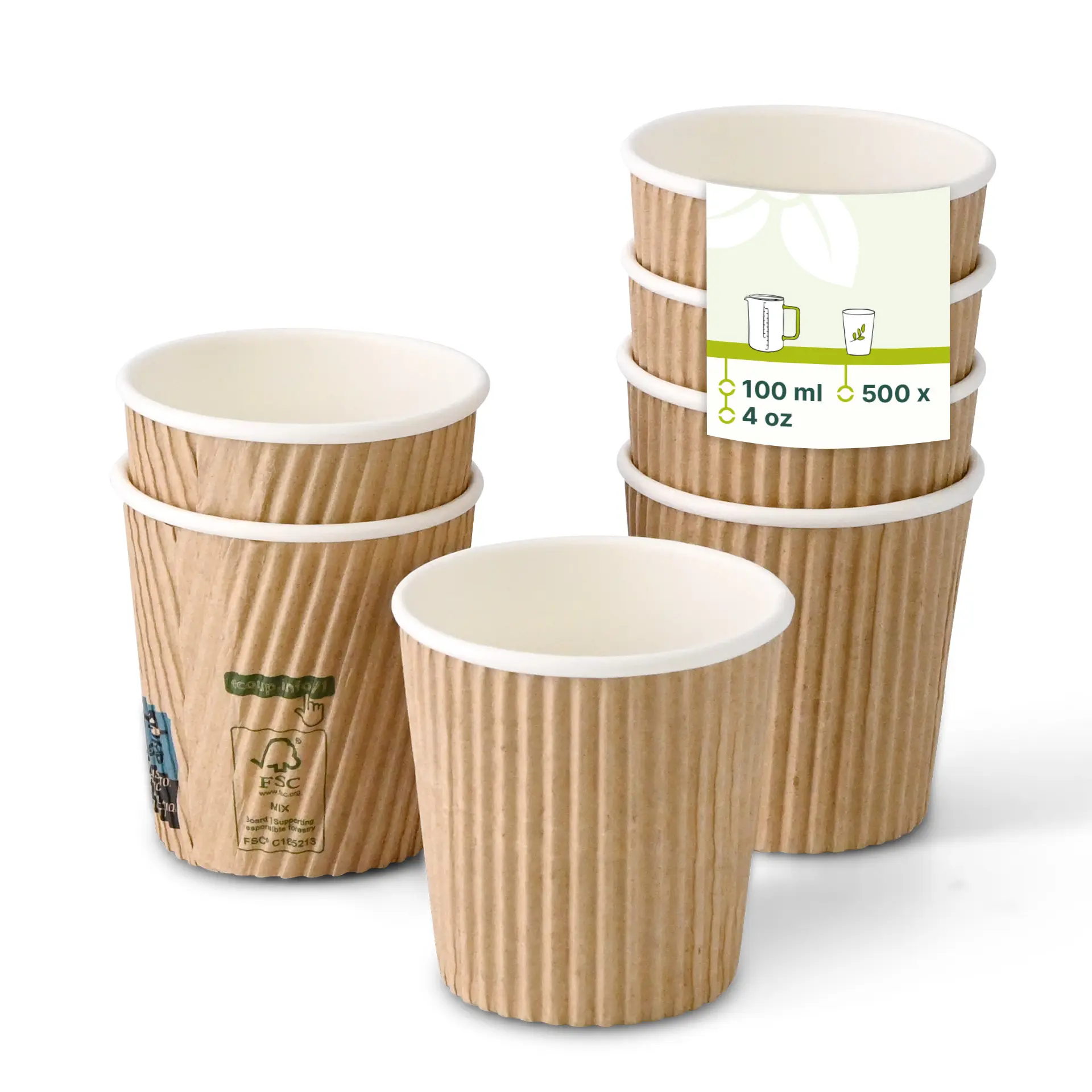 Brown ribbed cups with white interiors, stacked with a label showing dimensions and volume, on a plain background.