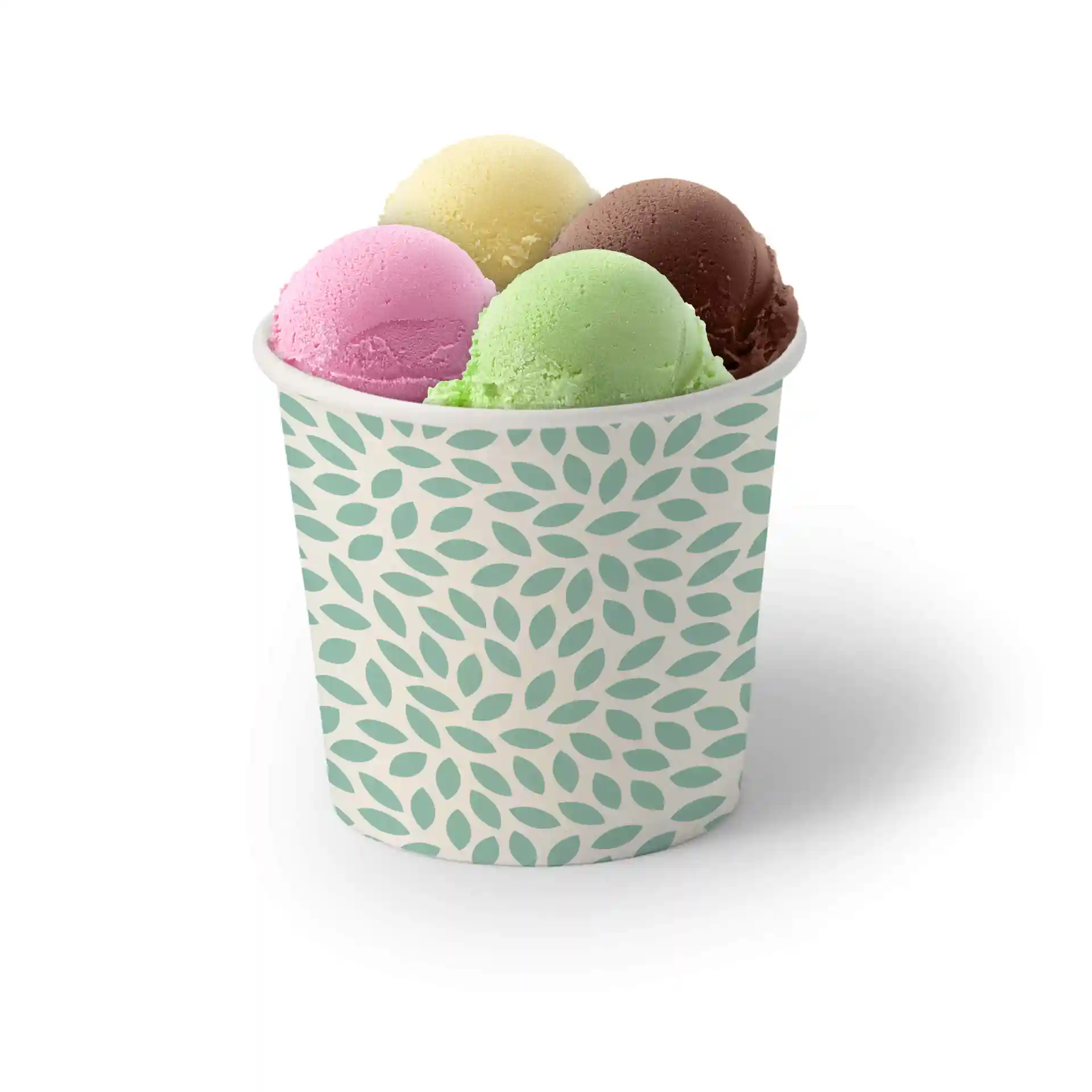 Cup with a decorative leaf pattern filled with four scoops of ice cream: pink, yellow, green, and brown.