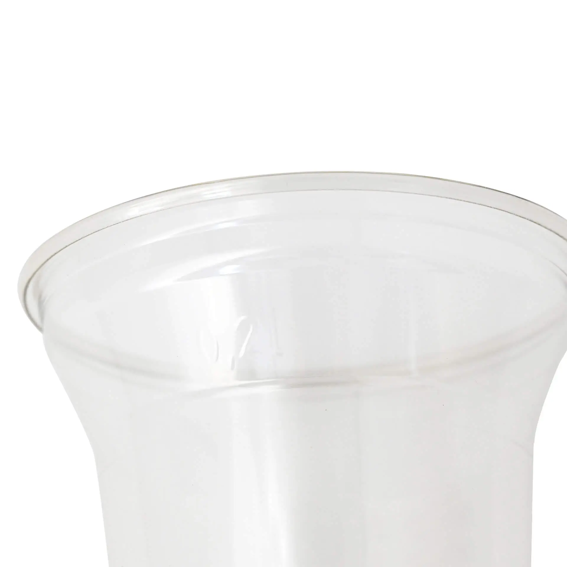 Clear disposable cup made from 100% recycled PET; suitable for cold drinks like juices. CE marking visible.