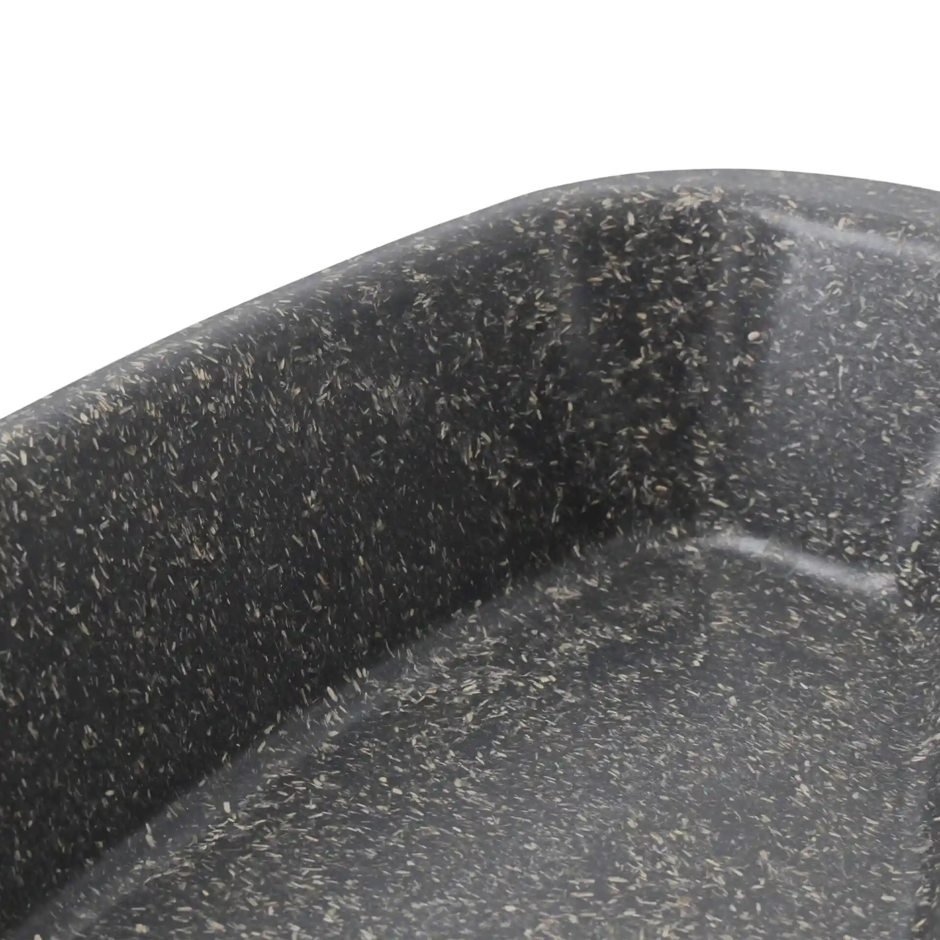 Close-up of a grey reusable meal container with two compartments, showing a textured surface and rounded edges.