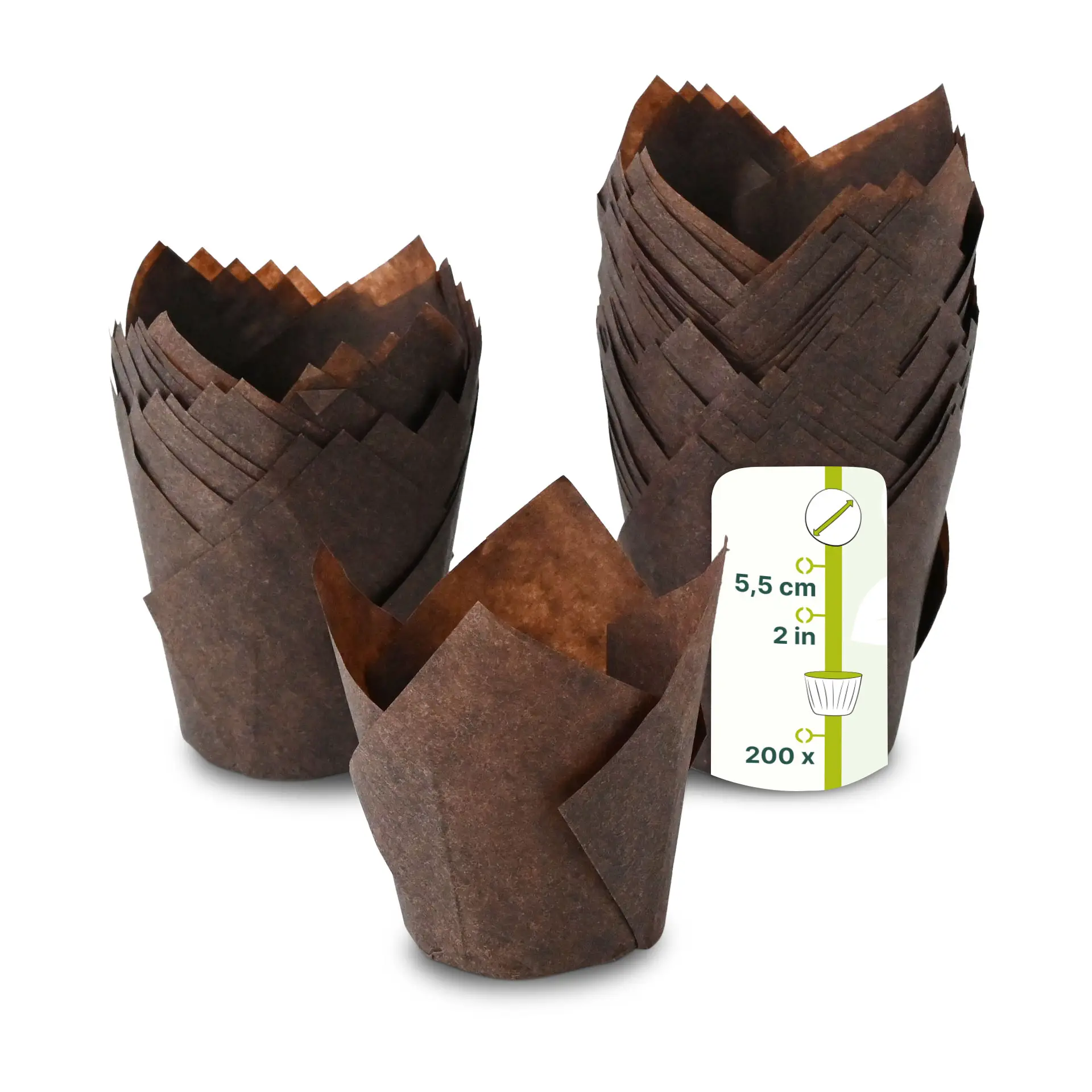 Brown greaseproof paper muffin cups, 5.5 cm in height; several stacked cups visible with product label.