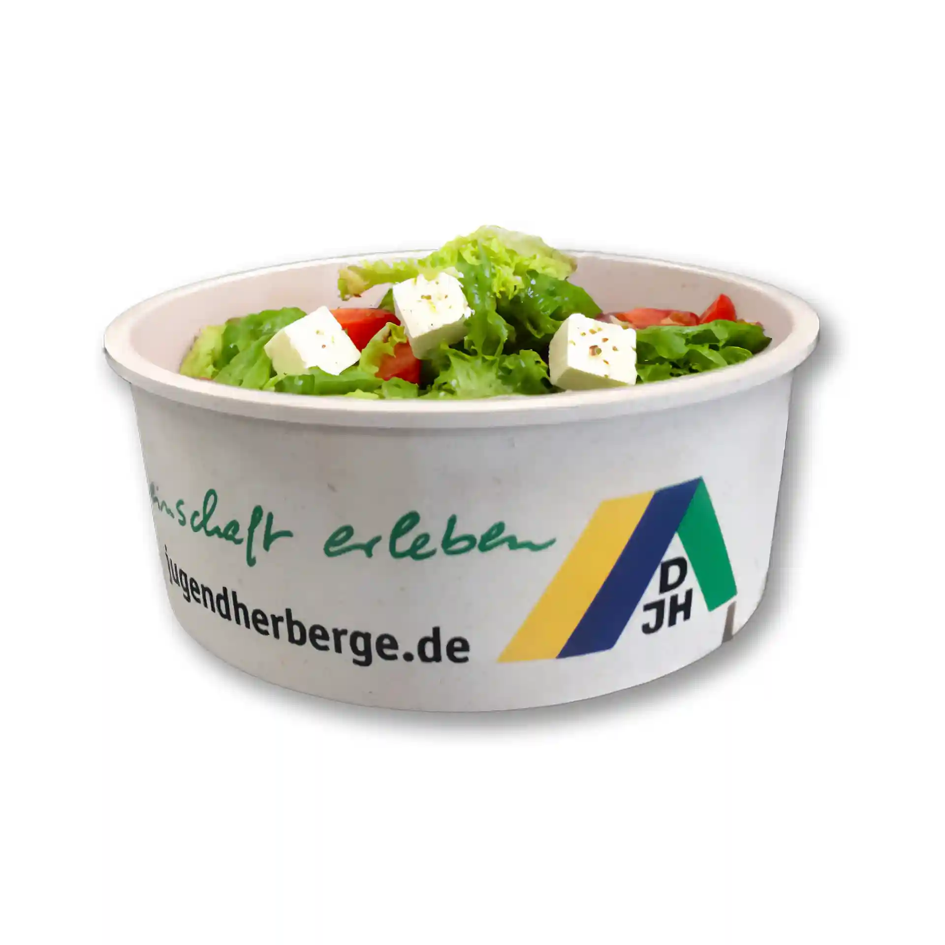 Round reusable bowl filled with salad, featuring lettuce, tomatoes, and feta cheese, with printed design on the side.