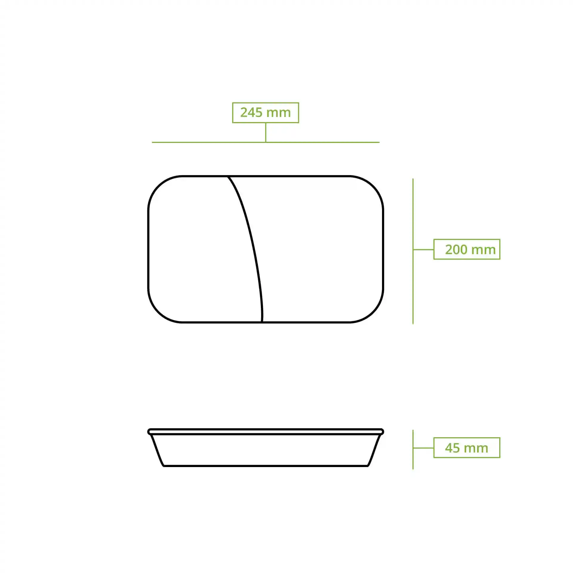 Schematic drawing of a reusable meal container with dimensions 245 mm by 200 mm by 45 mm and two compartments.