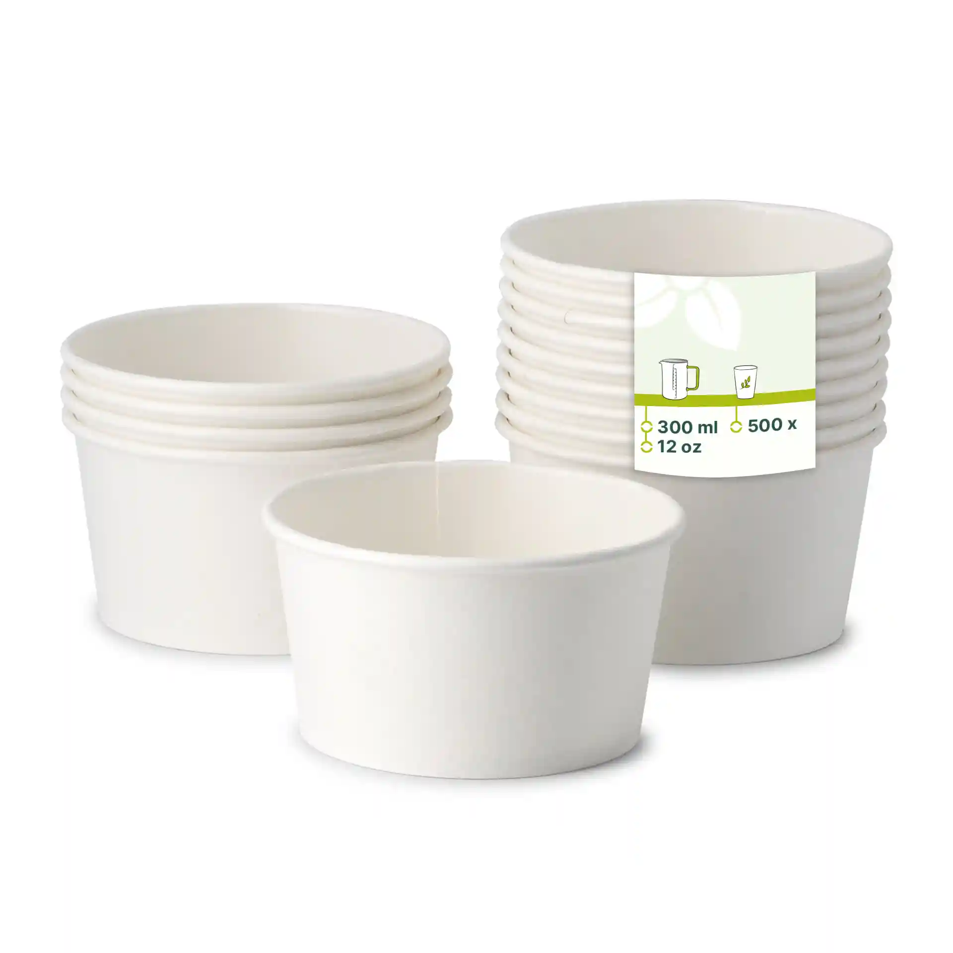 Stack of white paper soup containers with a label showing volume and quantity, on a plain background.
