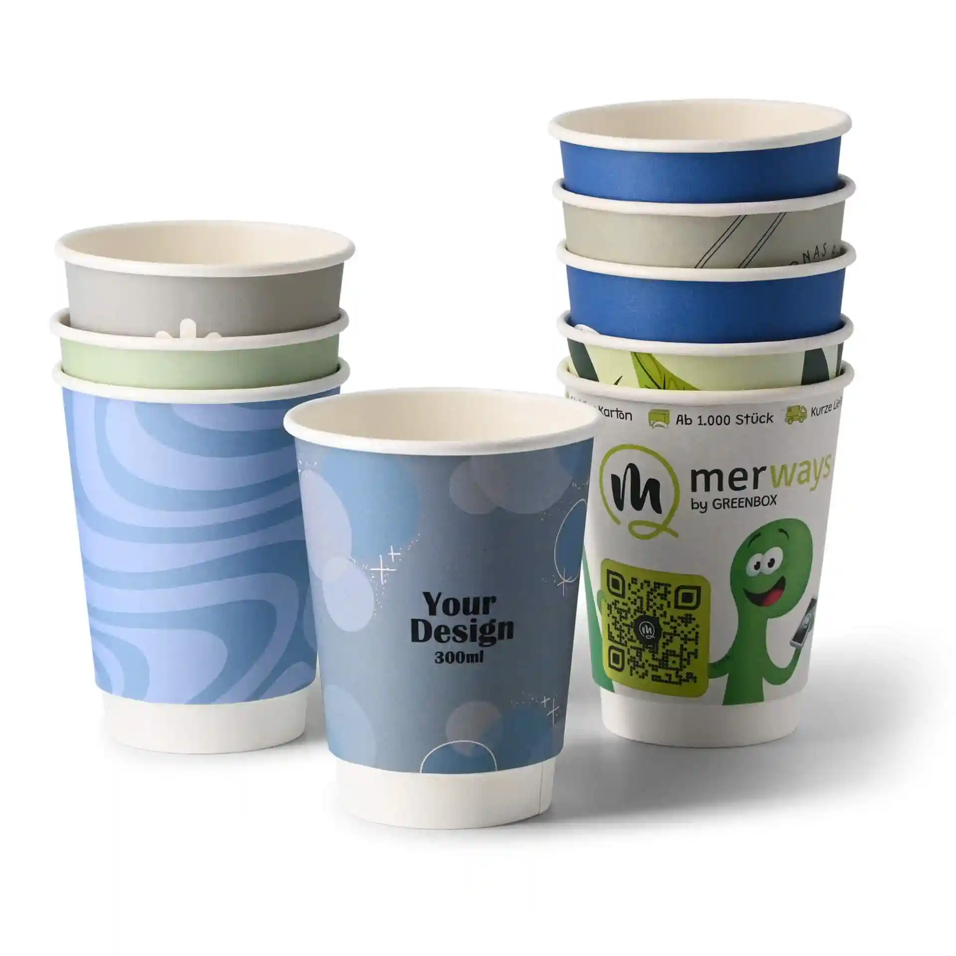 Image of several custom printed paper cups, double-walled, with various designs, on a white background.