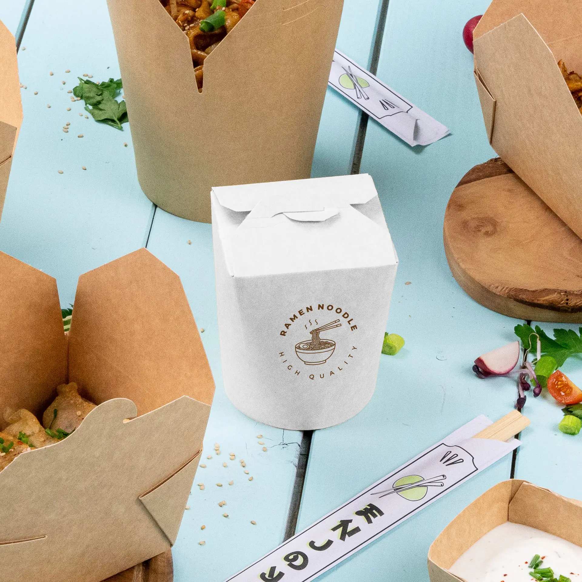 Printed noodle box, 400 ml, white, PE-coated