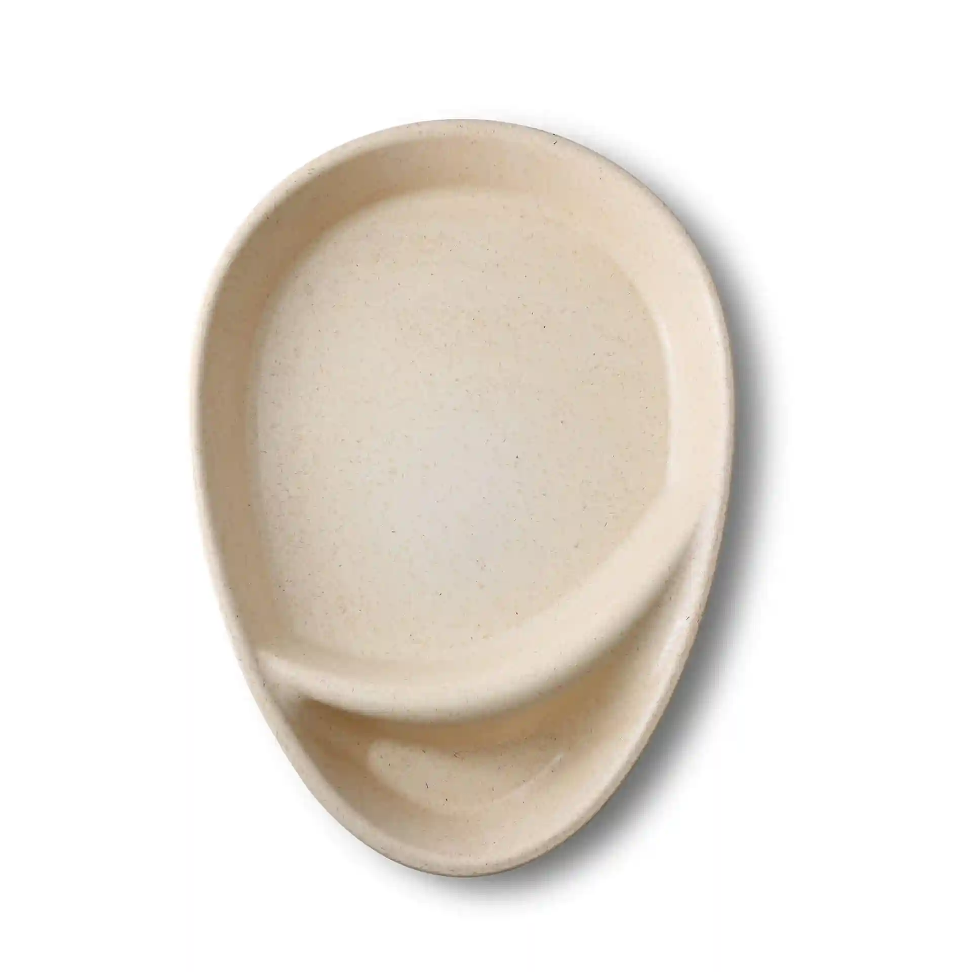 Creamy white reusable divided plate with two compartments in a teardrop shape, measuring 27.5 × 20 cm.