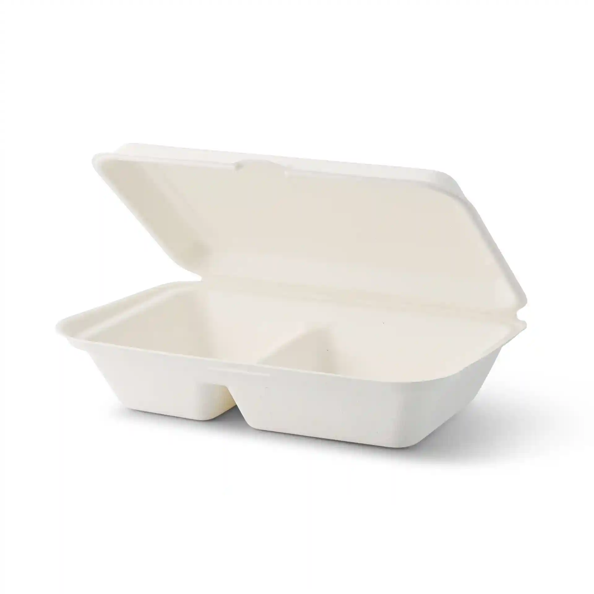 Rectangular cream white sugarcane container with a hinged lid and two compartments, shown open.