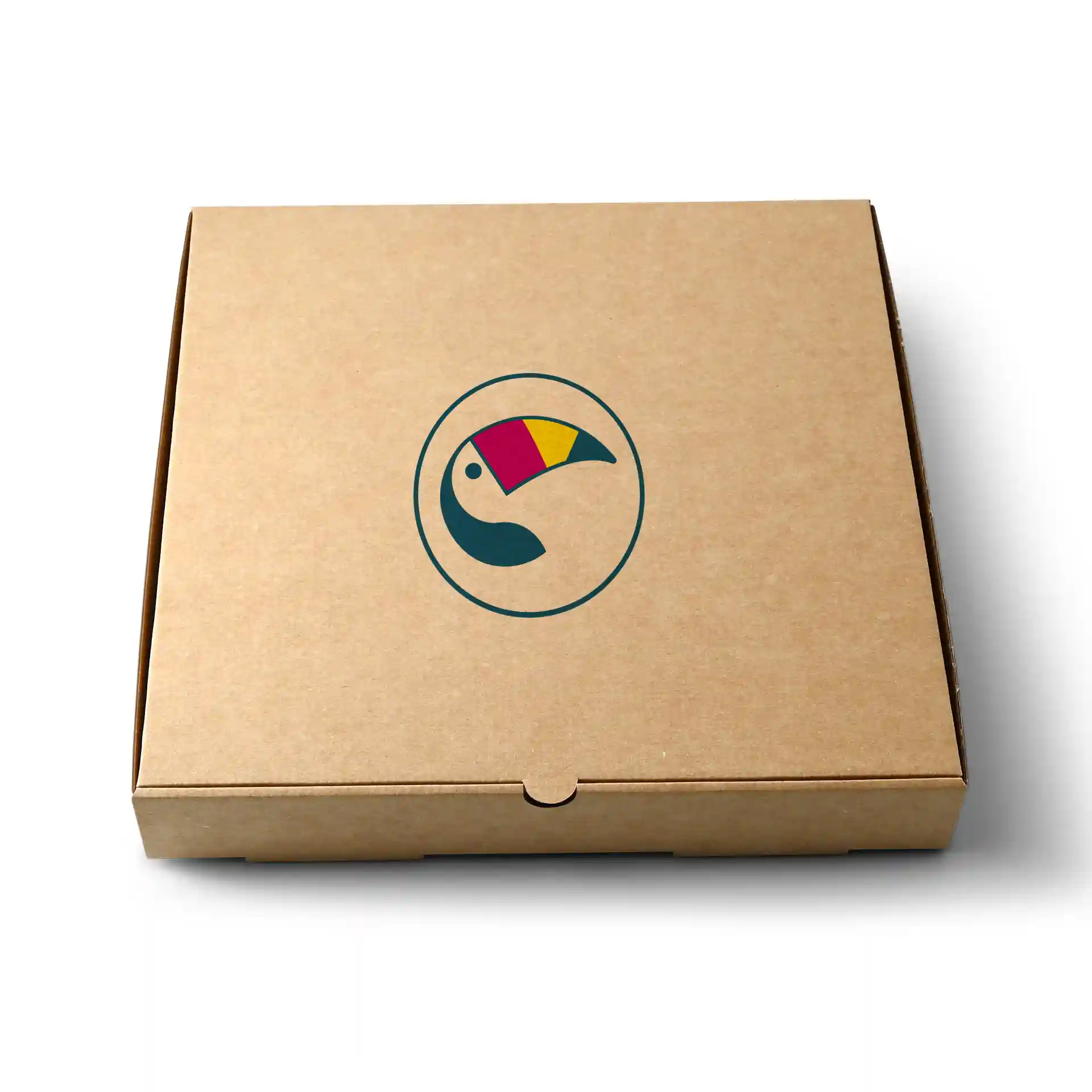Brown pizza box with a circular logo featuring a stylized toucan design on the top.