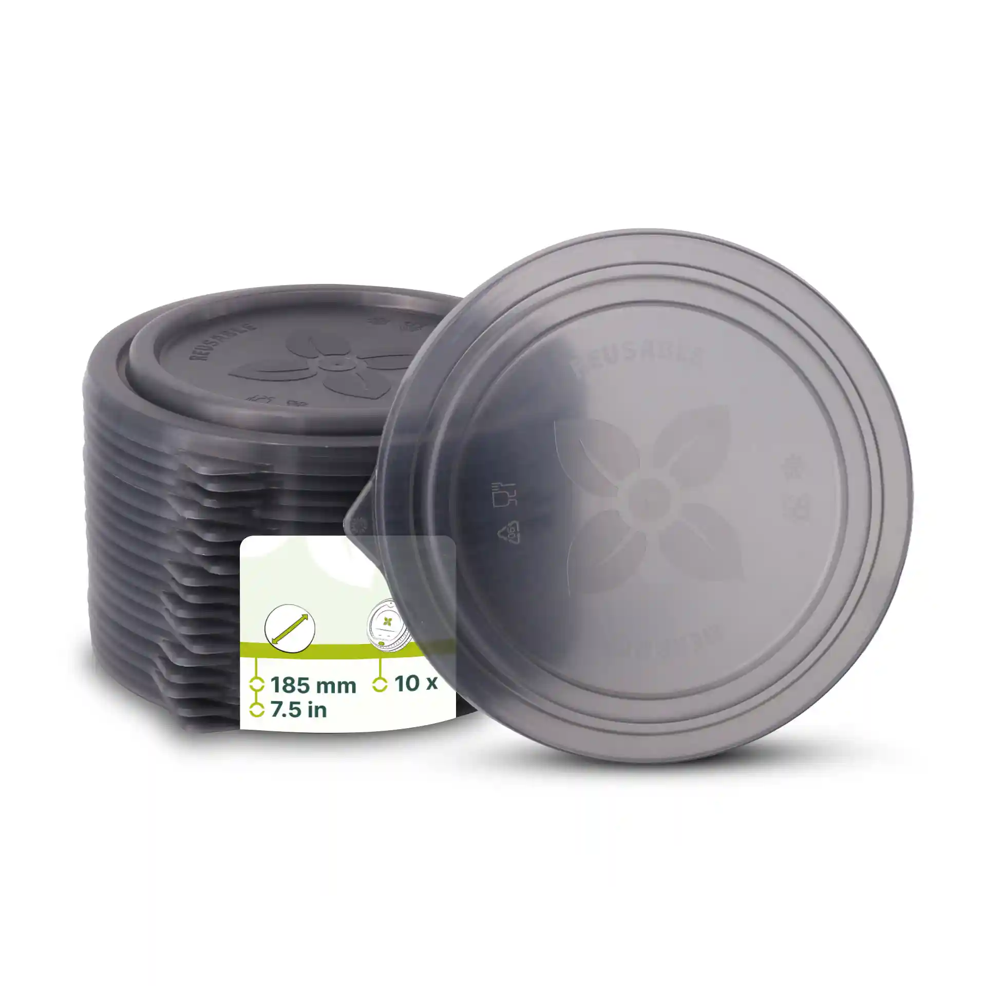 Stack of grey reusable lids with a round shape, measuring 185 mm in diameter, displayed with a label showing dimensions.