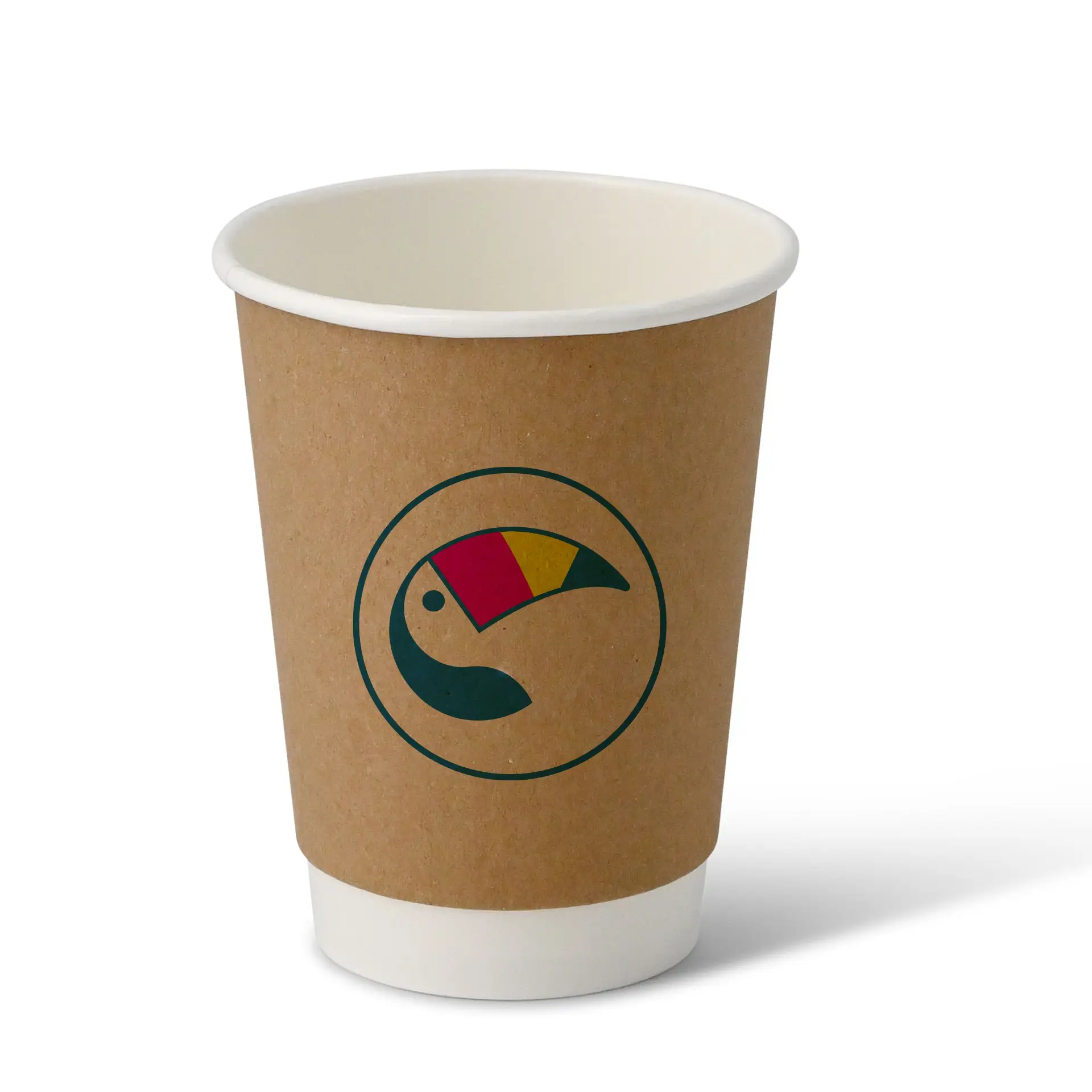 Custom printed double-wall paper cup in brown with a toucan logo, designed for hot drinks.