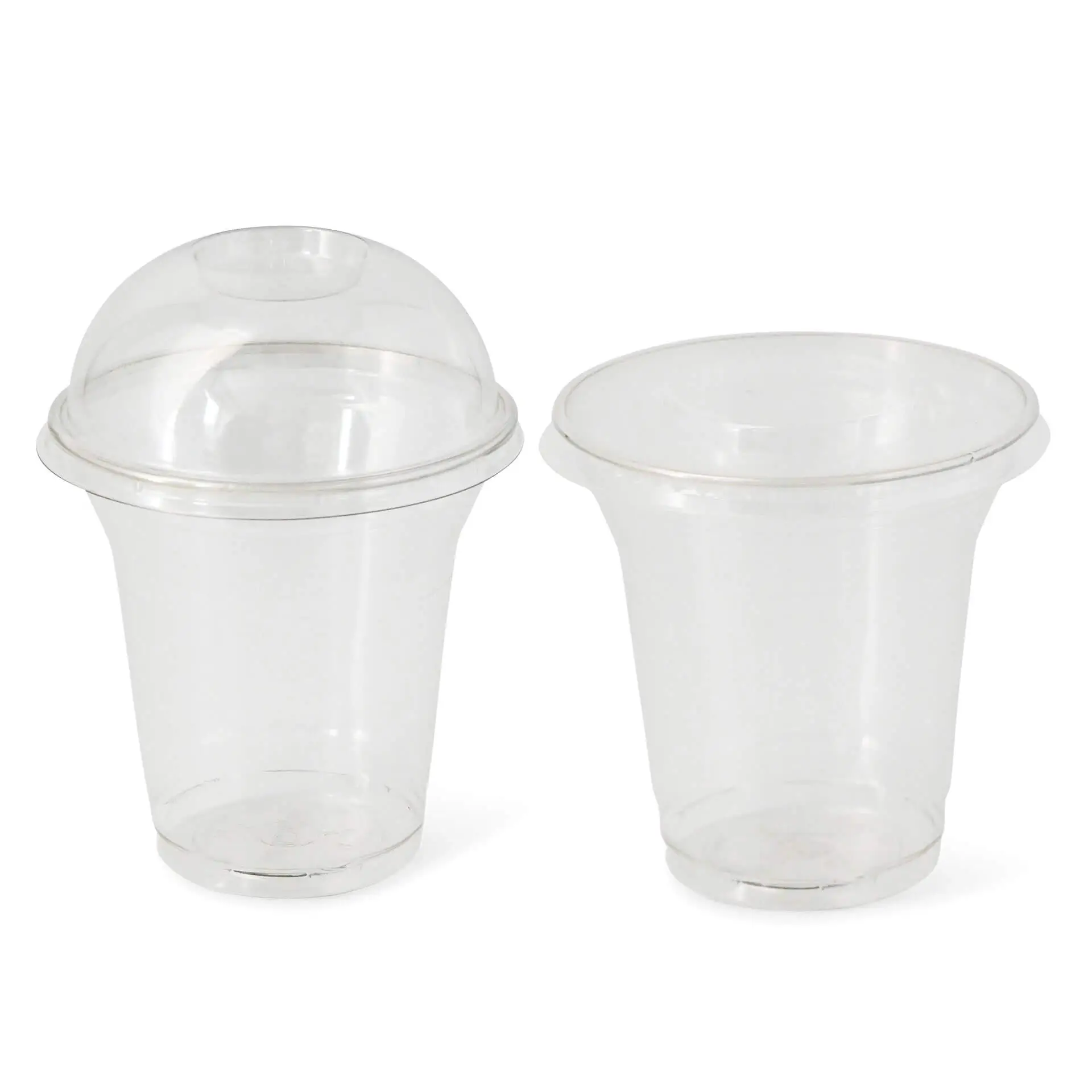 Eight-ounce clear disposable cups made from 100% recycled PET; includes one with a dome lid and one without.