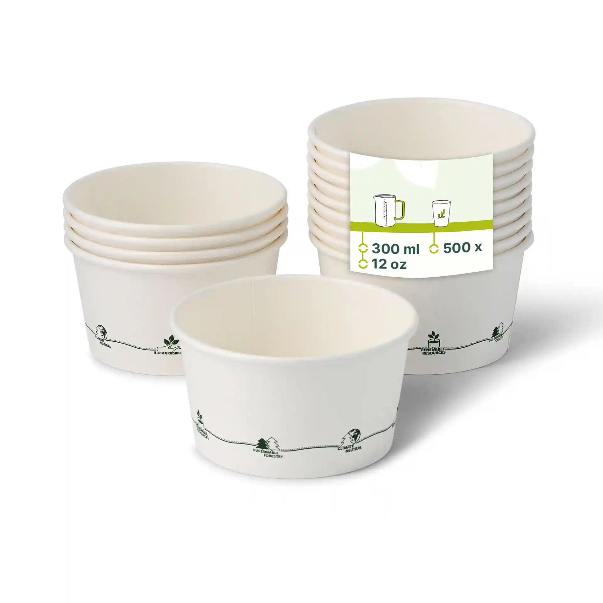 Round cardboard soup container with eco-friendly coating, 300 ml capacity, featuring printed design and several stacked containers.