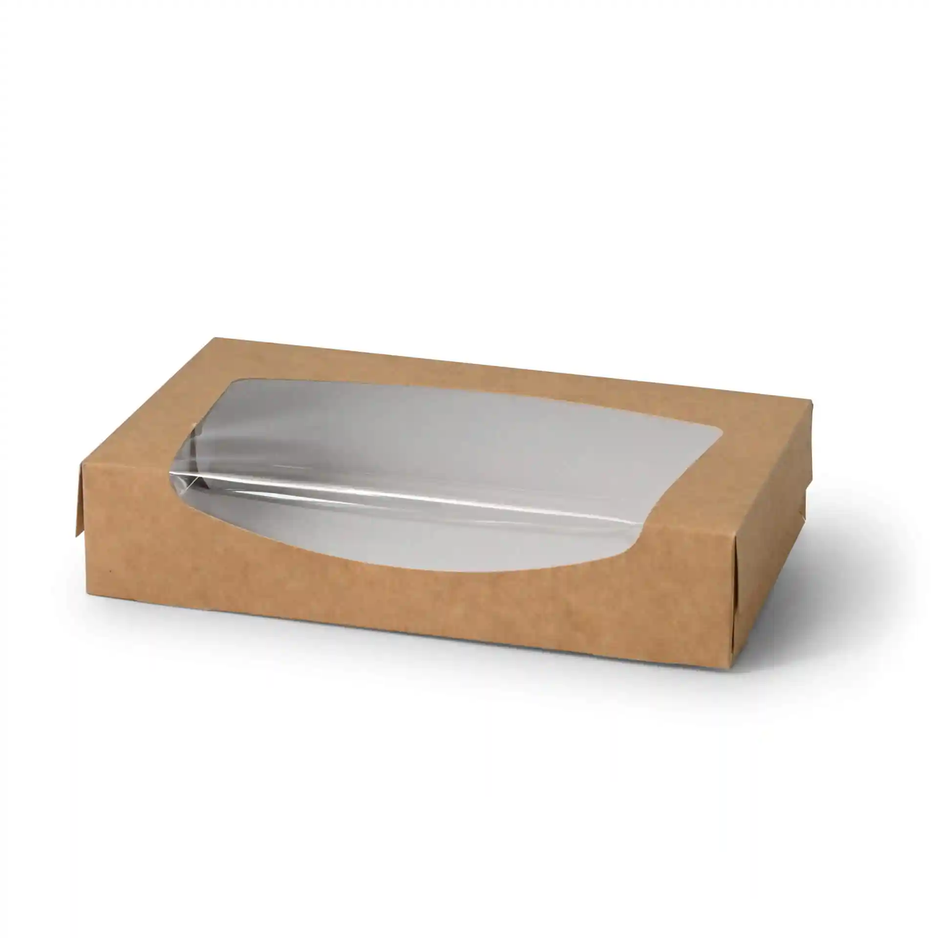 Brown cardboard window box with a clear plastic top, measuring 20 x 12 x 4 cm.